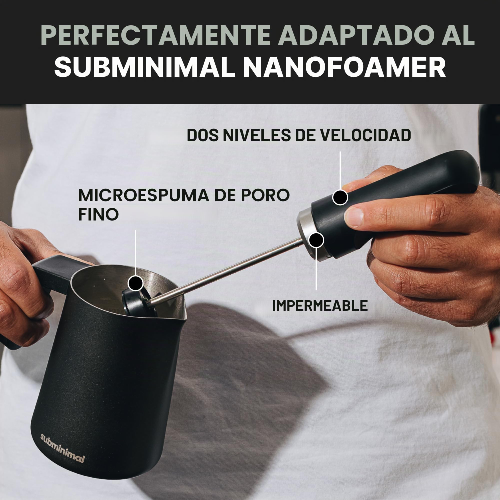 Subminimal FlowTip - Jarra sin manos para espumar leche para estufa, jarra de espuma para café estilo barista, jarra para verter capuchino y café con leche con mango resistente al calor, regalos para