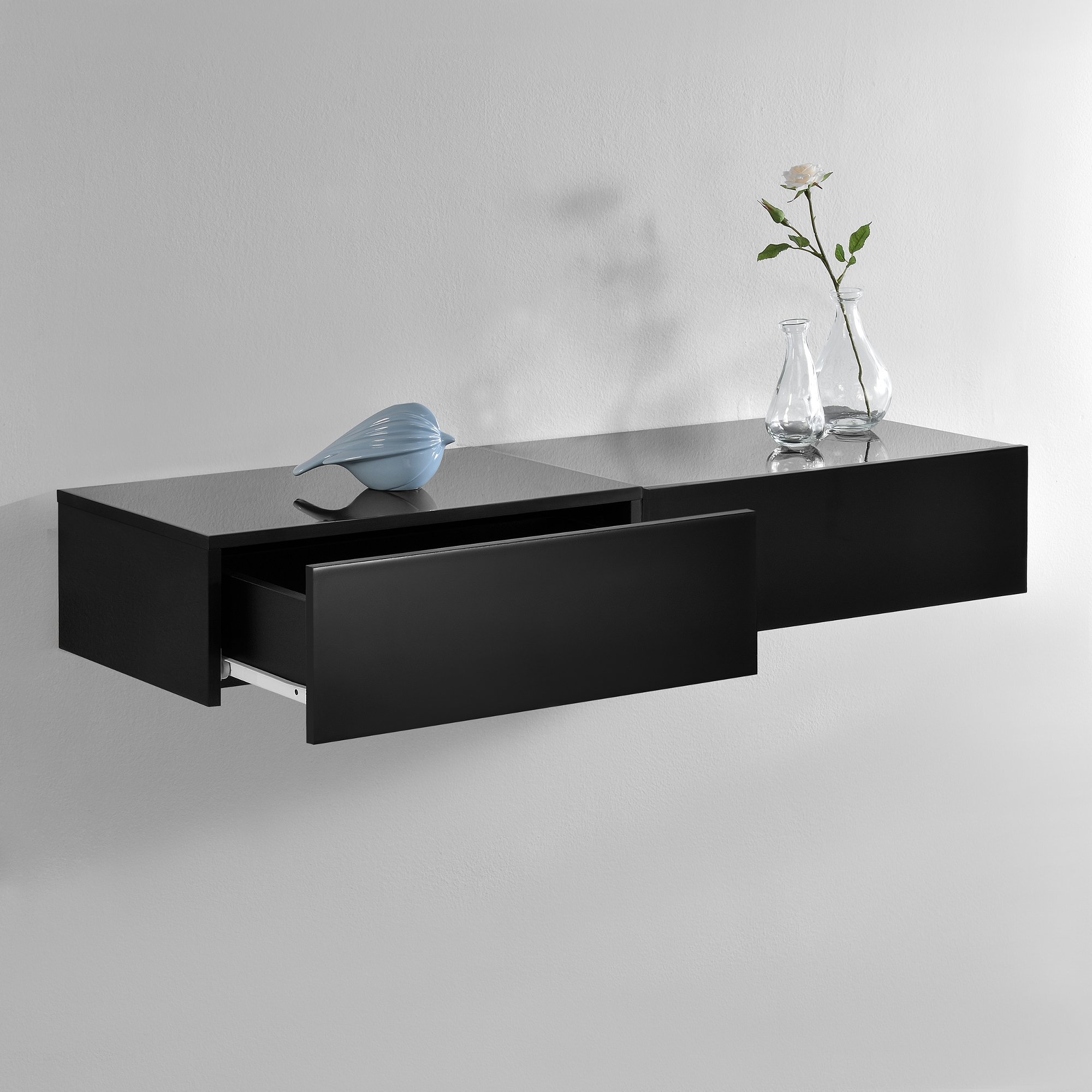 [en.casa] Set di 2 Comodini Sospesi Mensole da Parete con Cassetto Integrato Mobiletti Salvaspazio per Camera da Letto Ingresso Soggiorno 46x30x15 cm Nero Lucido