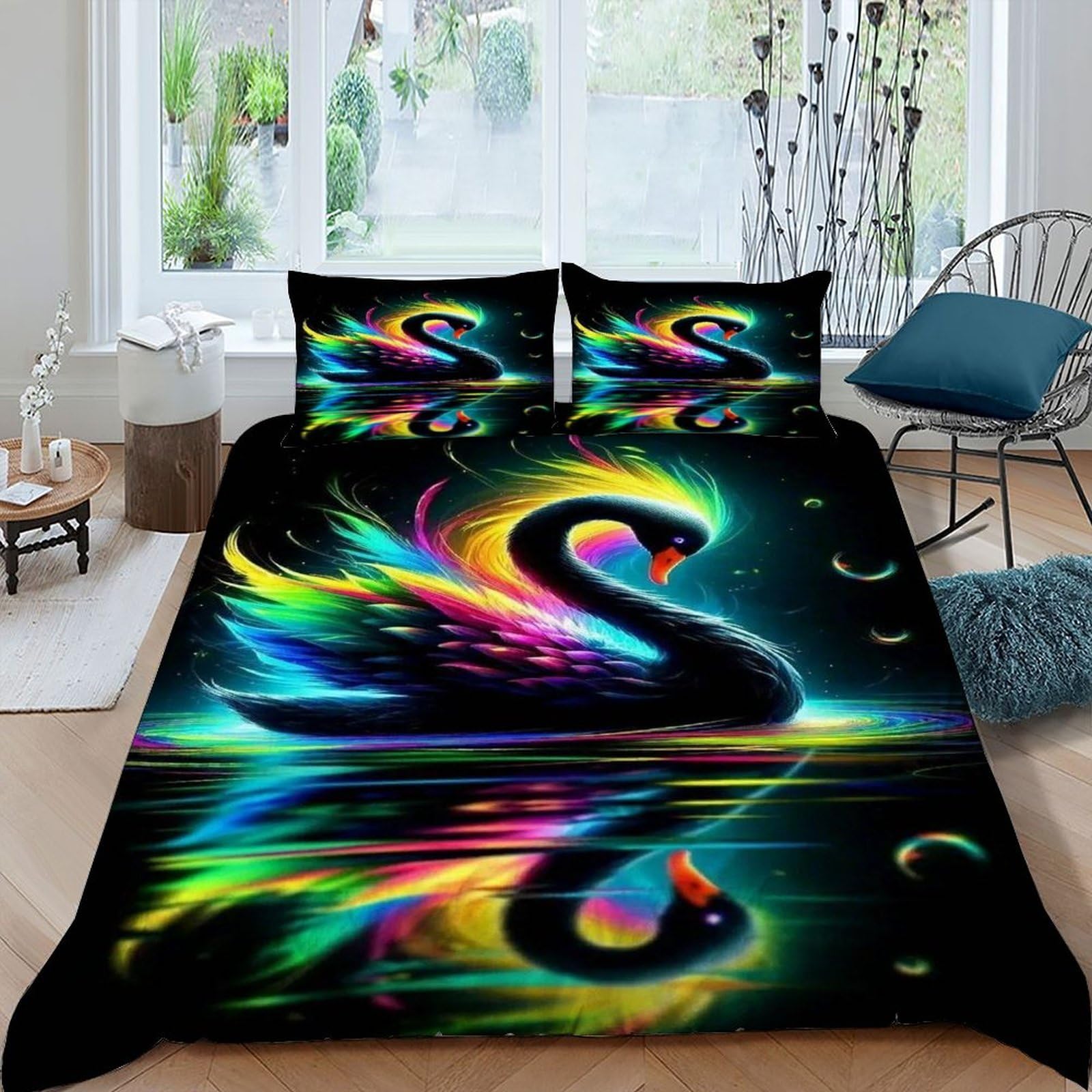 Parure de lit cygne coloré King 220x240cm en microfibre premium avec fermeture éclair