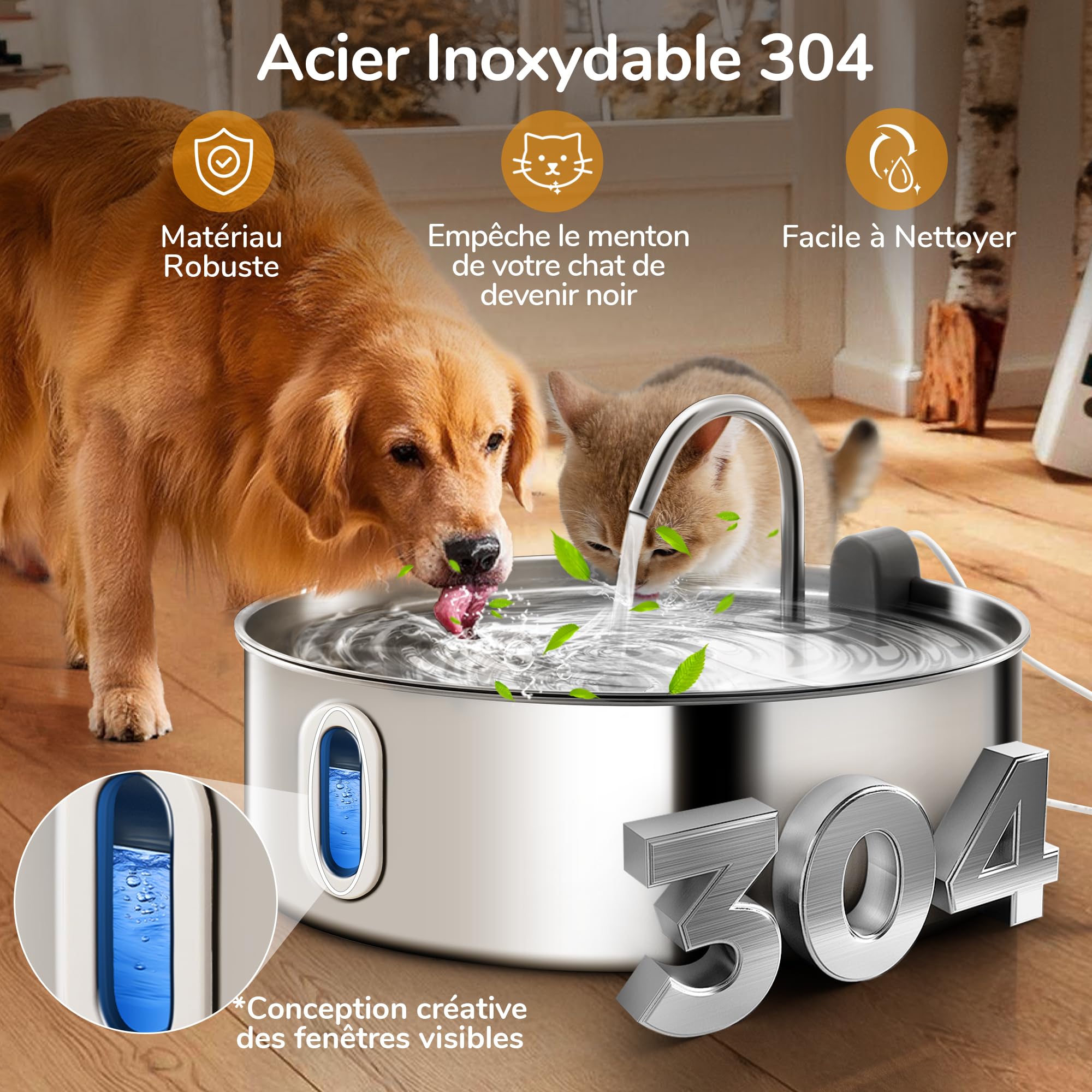 FUKUMARU Fontaine à Eau Chat et Chien, 7L Super Silencieuse en Acier Inoxydable avec Fenêtre Visible, Distributeur Eau Chat avec 3 Filtres de Remplacement