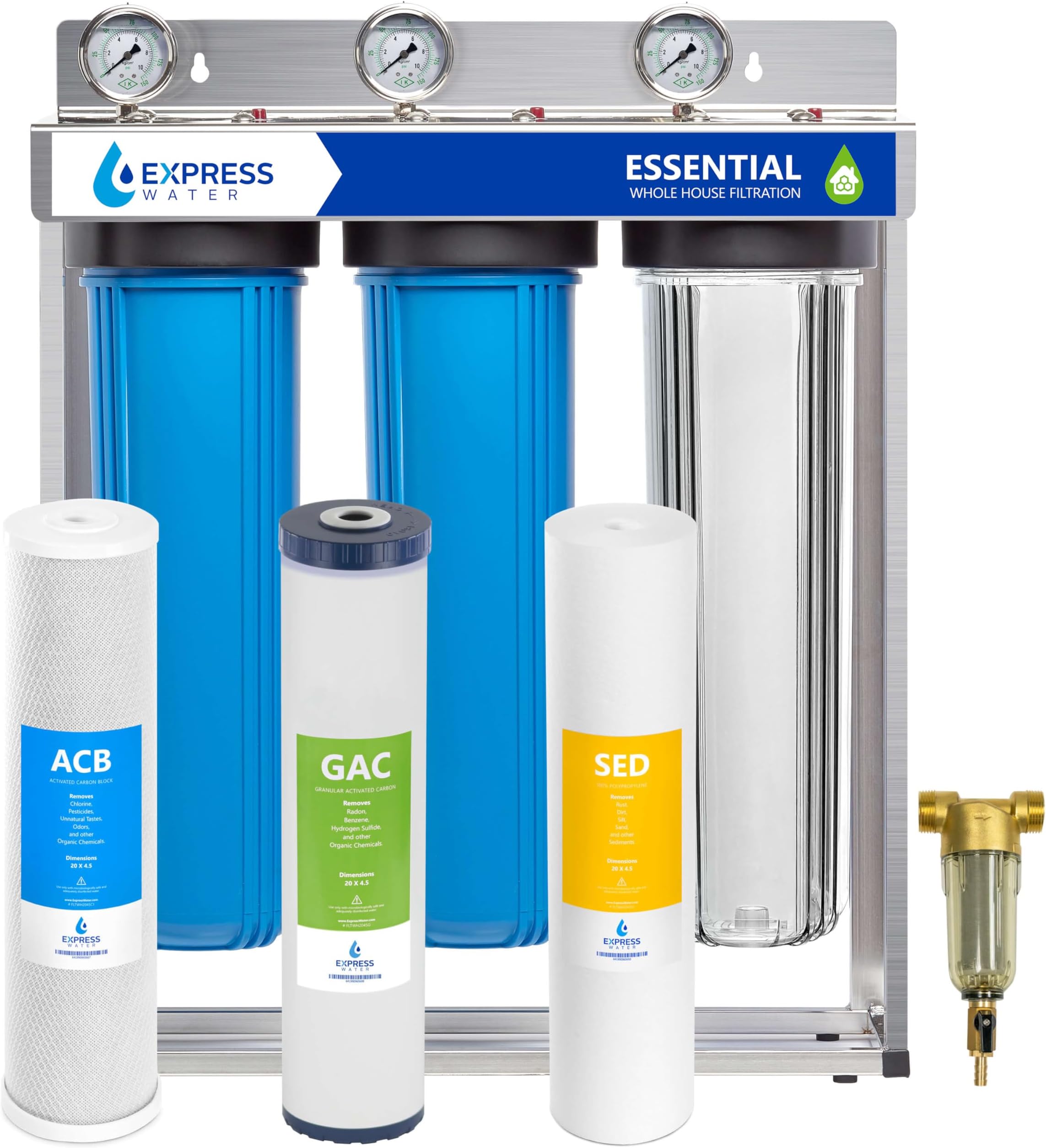 Whole House Water Filter System| ESSENTIAL | 3 Stage Water Purifier Whole Home, Top-Tier GAC, ACB Filters Produce Overachieving H2O, Significantly Reduces Chlorine & Sulfur Smell/Taste, Healtheir Skin