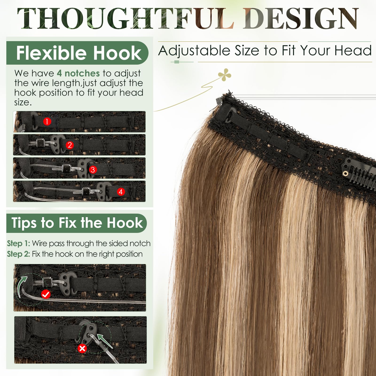 Elailite Highlighted Wire Hair Extensions Real Human Hair Invisible Clip In One Piece Secret Wire Extension Band Straight Thick - Image 4