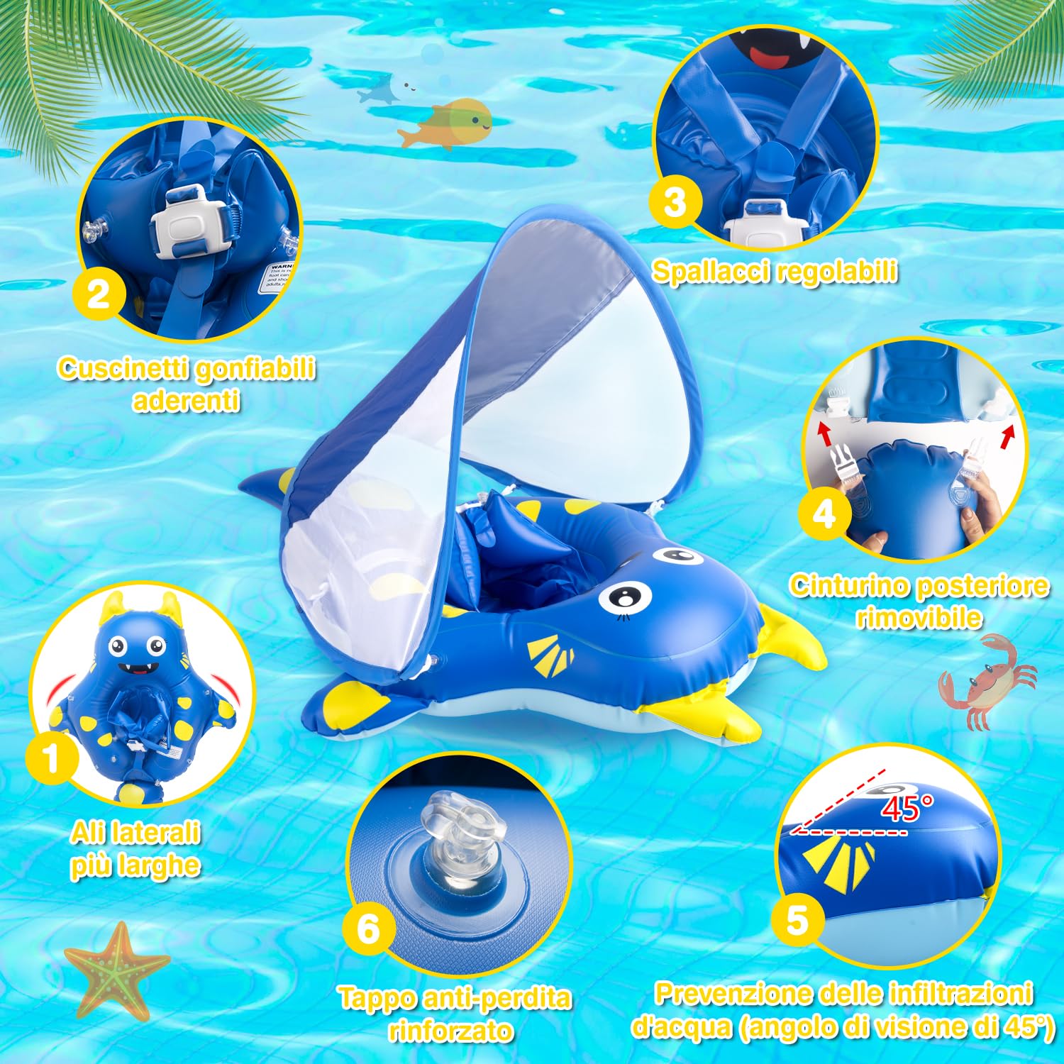 Salvagente Neonato con Parasole, Ciambella Neonato Mare UPF50+ Protezione UV, Anti-Ribaltamento, Sedile di Sicurezza Regolabile, Salvagent Gonfiabile Piscina per Bambini da 10 a 36Mesi