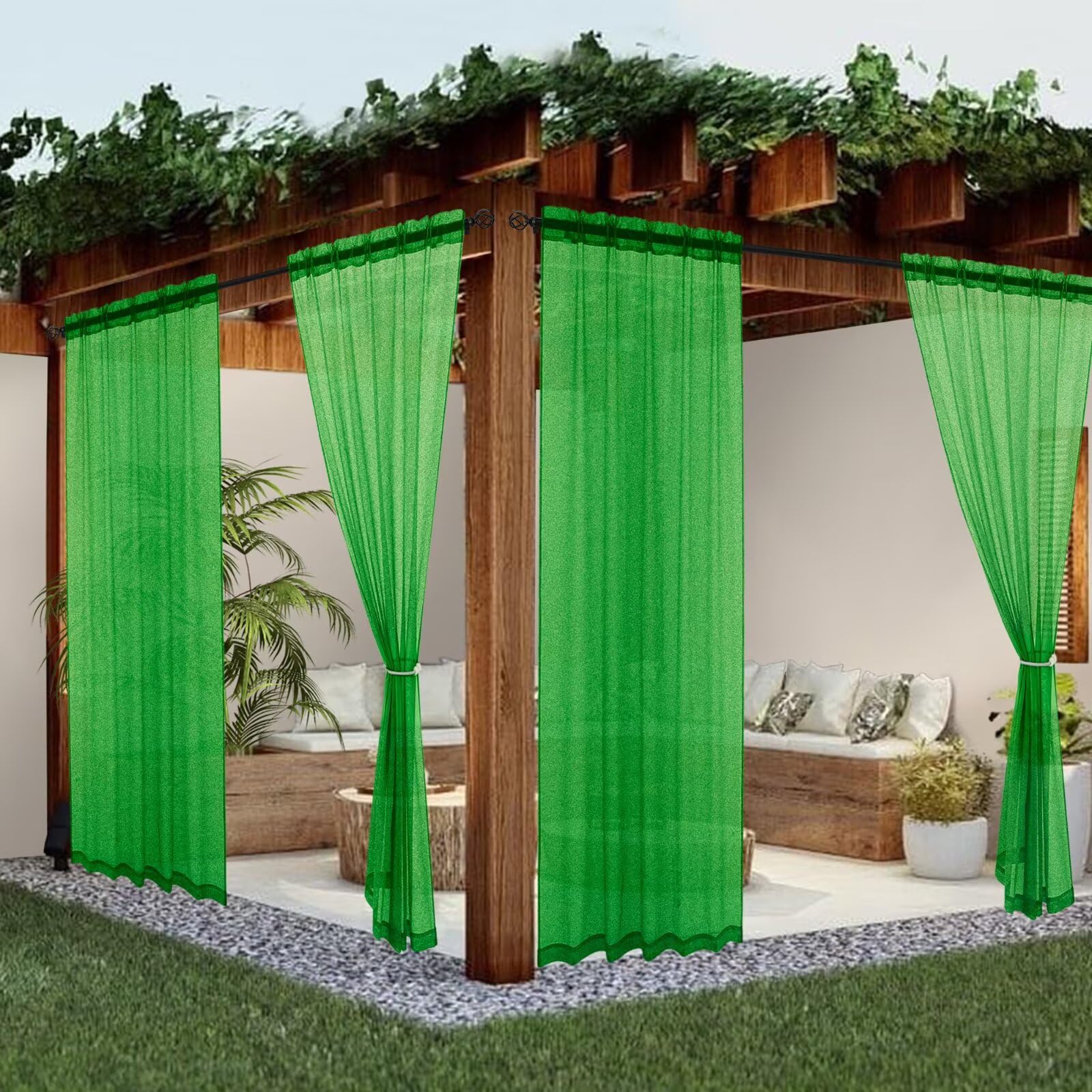 youleyar Sheer Outdoor Curtains for Patio Waterproof 4 Panels Linen Look Rod Pocket Indoor Green Voile Curtain for Living Room, Bedroom, Porch, Pergola, Cabana, Gazebo(52x120 Inch, Green)