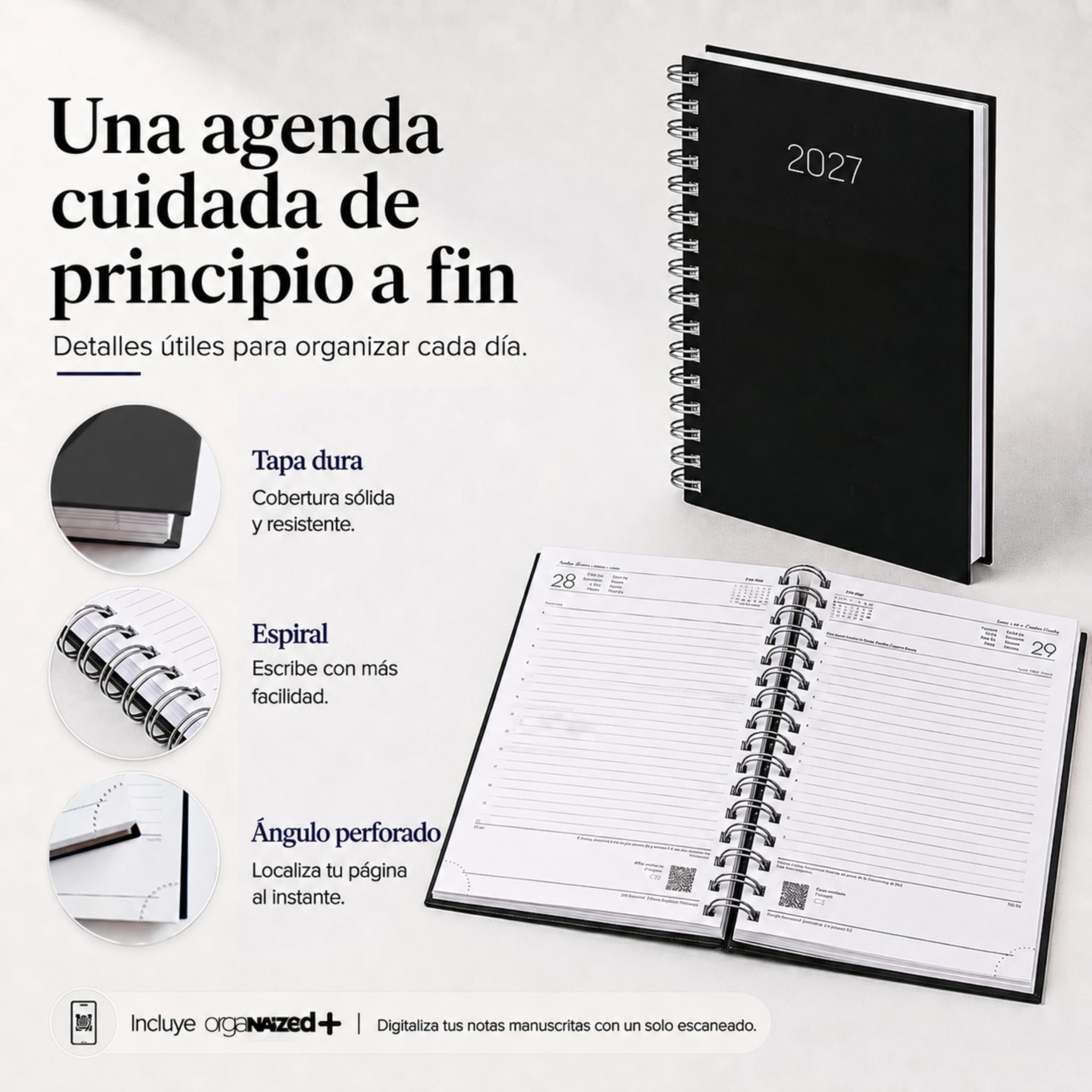 DEUSTO Agenda 2027 Pagina por Dia | Dietario Anual A5 Enero-Diciembre | Agenda con OrganaizED+, Espiral y Ángulo perforado, Agenda de Trabajo Oficina Estudiantes, Negro