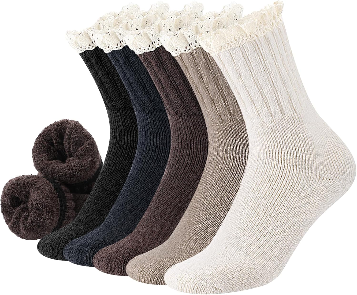 Foaincore 5 Pair Lace Top Boot Socks Women Warm Winter Cotton Socks with Lace Solid Thick Cozy Frilly Knit Crew Sock Gift