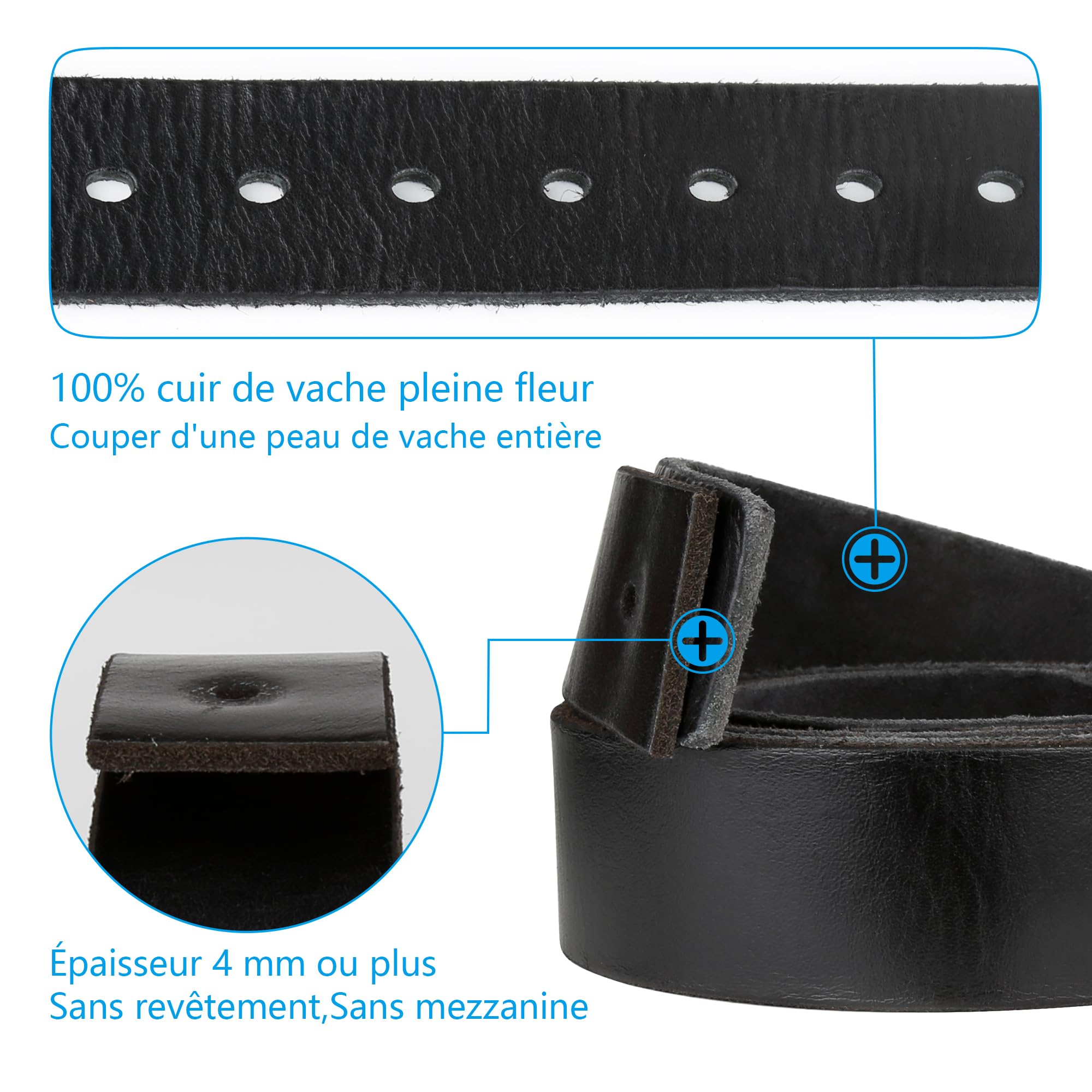 JingHao Ceinture Homme Cuir Véritable,Ceinture en Cuir Pour Décontracté Jeans,Longueur 105cm-165cm Pour Taille Régulière ou Grande Taille,Noir Marron 38mm