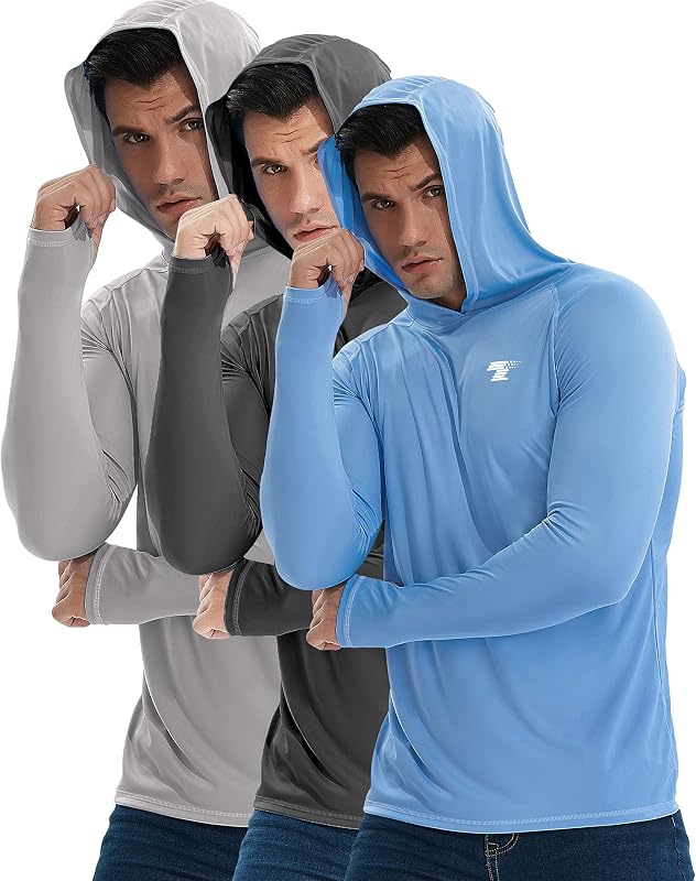 Paquete de 3 camisas con protección solar UPF 50+ para hombre, buzo con capucha de pesca de manga larga | UPF 50+, absorbe la humedad, orificio para el pulgar, ligero, sin etiquetas, de secado rápido, transpirable, pesca, senderismo, correr, trabajar en el jardín, playa