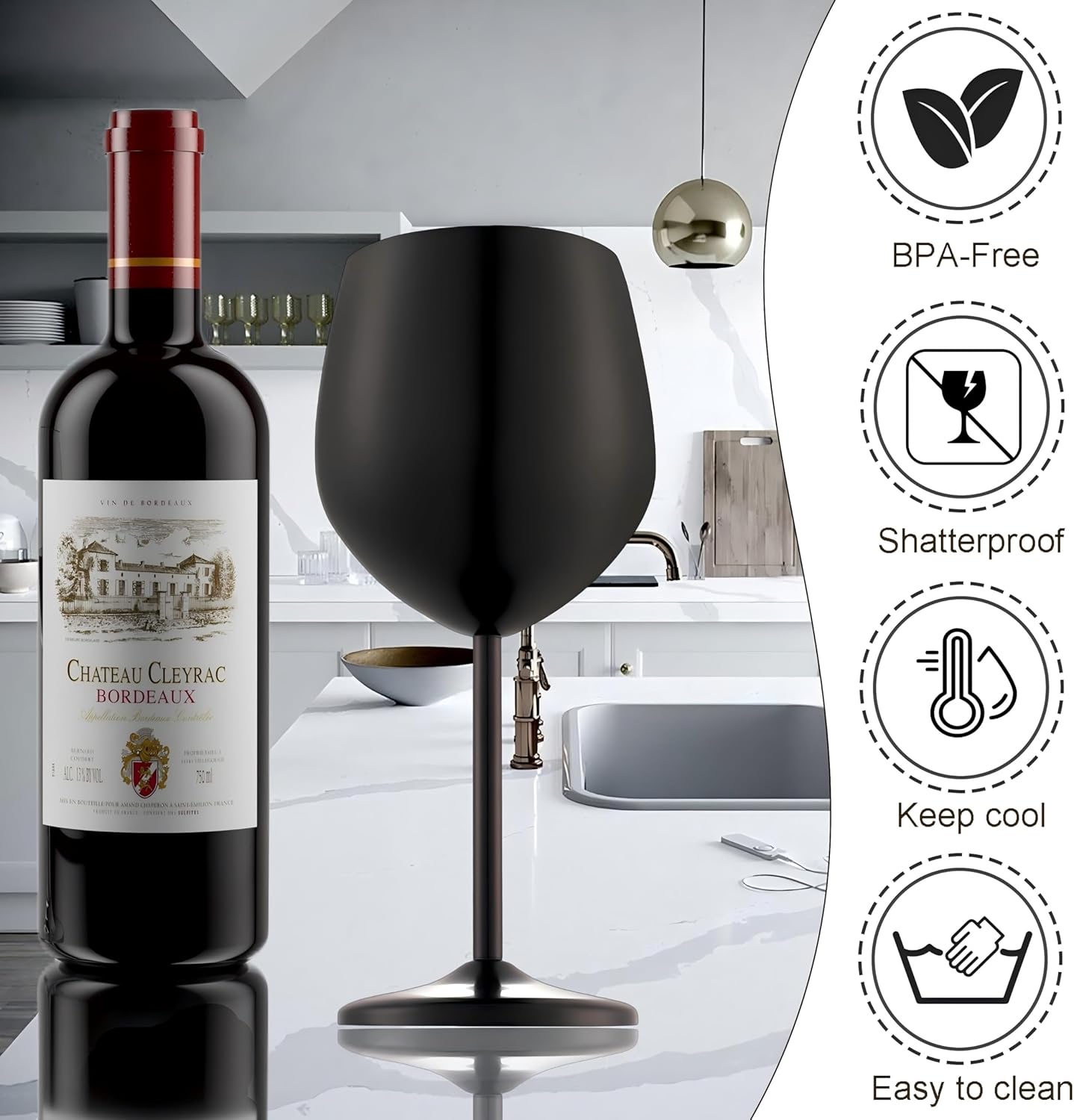 Stainless Steel Wine Glasses, Unbreakable Matte-Black Wine Glass 18 oz Unique Metal Wine Goblets for Outdoor, Travel, Camping, Pool, Ideal Gift for Wine Lovers (6 cups + 1 bottle opener) - Image 6