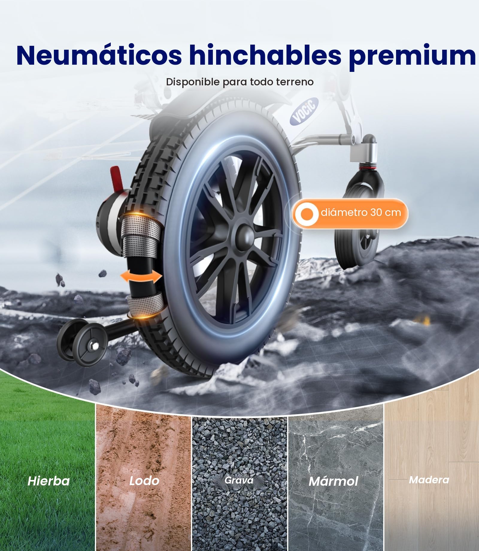 VOCIC V62 Silla de ruedas eléctrica plegable de doble batería, ligera, hasta 136 kg, silla de ruedas eléctrica de 25 km con neumáticos de aire, 500 W y aprobación de avión, soporte de 3 años (plata