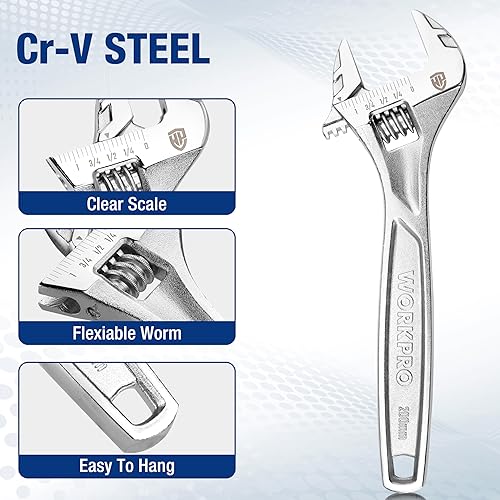 Miniatura 5 de WORKPRO - Llave ajustable de 8 pulgadas de alta resistencia con escala imperial y métrica, llave premium de acero Cr-V, cromada