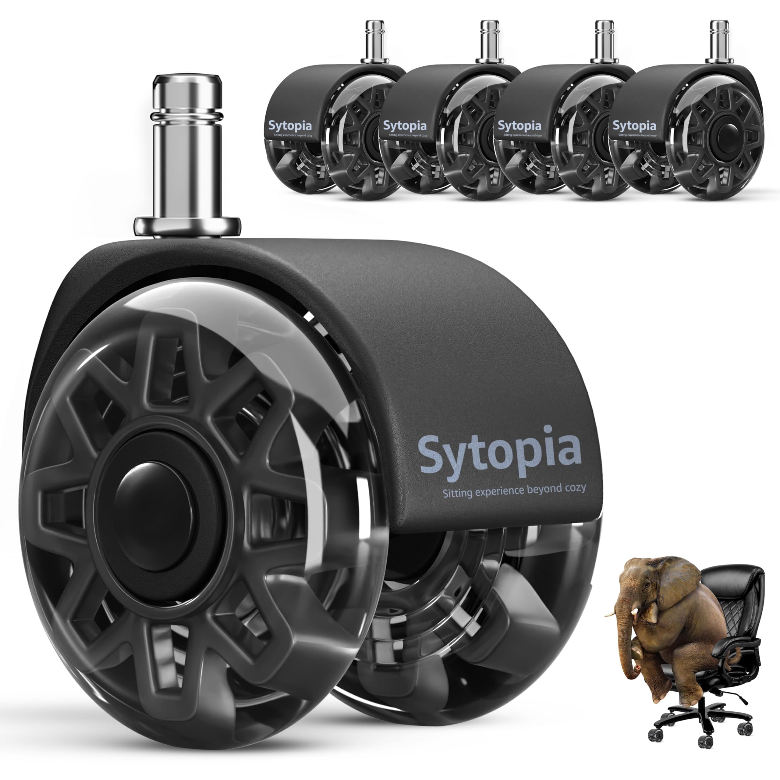 Sytopia 5er Set Bürostuhl Rollen 11x22MM, Große Gummirollen für Bürostühle, Perfekte Rollen für Teppich, Hartboden, Parkettböden, Bürostuhlrollen ersetzen Bodenmatten (Schwarz, Nicht für 1KEA)