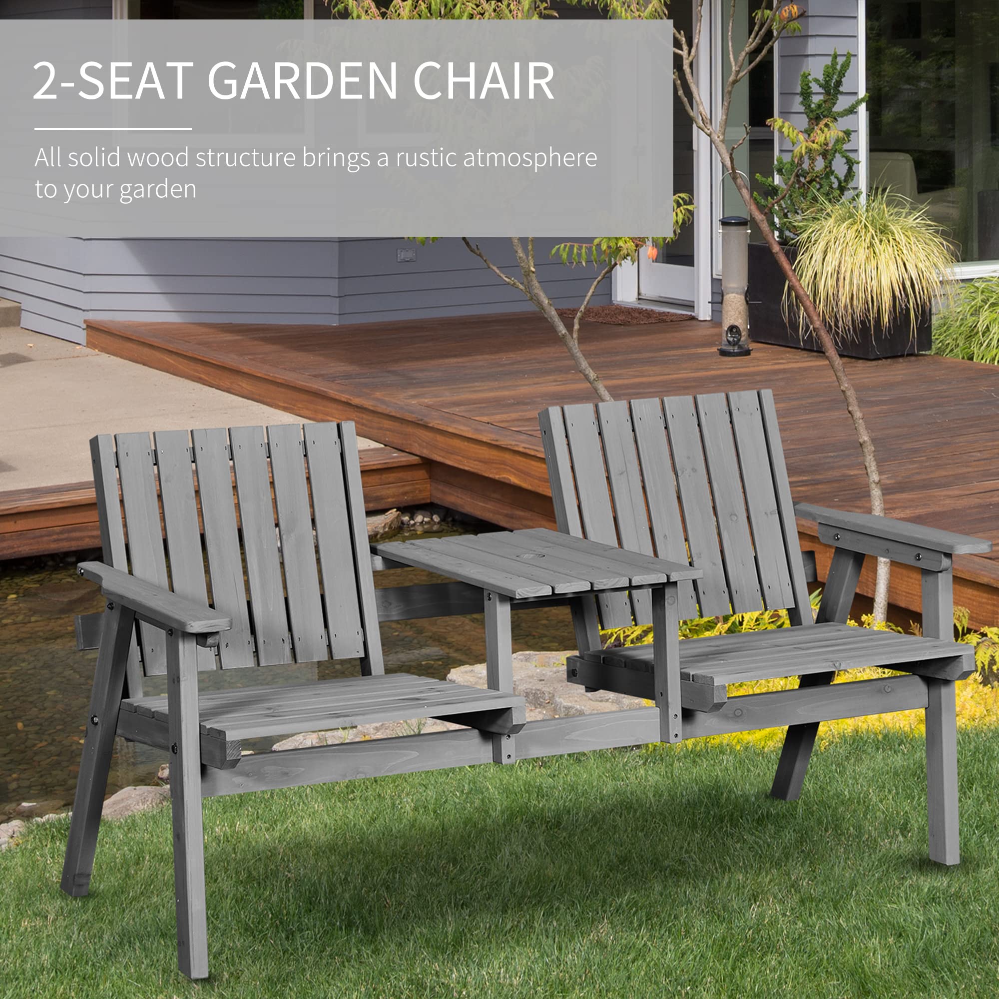 Outsunny Wooden Garden Loveseat, 2-Seater Garden Chair with Table & Parasol Hole, Outdoor Bench for Porch Patio, Grey - Image 3