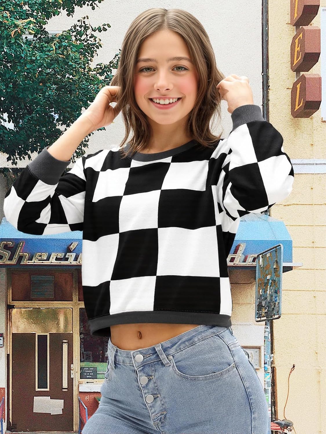 Girls Crop Sweatshirts Casual Tops Kids Long Sleeve Plaid Pullover Cute Fall Winter Fashion Shirts For Teen Girl - Image 3