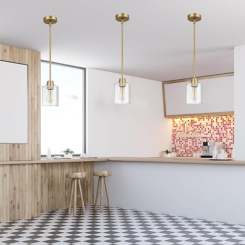 Miniatura 5 de Paquete de 3 luces colgantes de latón para isla de cocina, lámpara moderna dorada de cristal transparente, varillas ajustables con múltiples