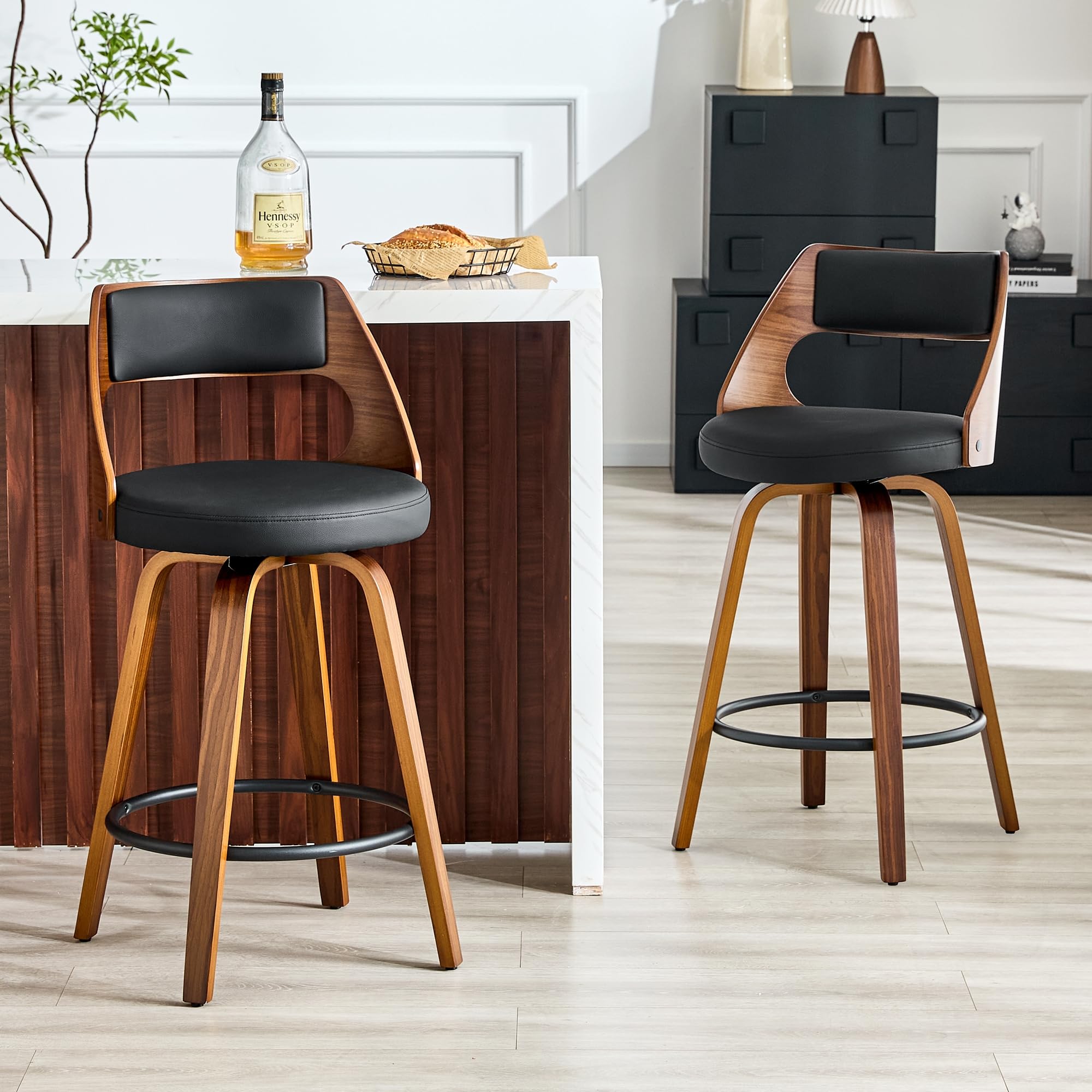 Tabouret de bar lot de 2 en bois et cuir avec dossier 92 cm pour îlot de cuisine