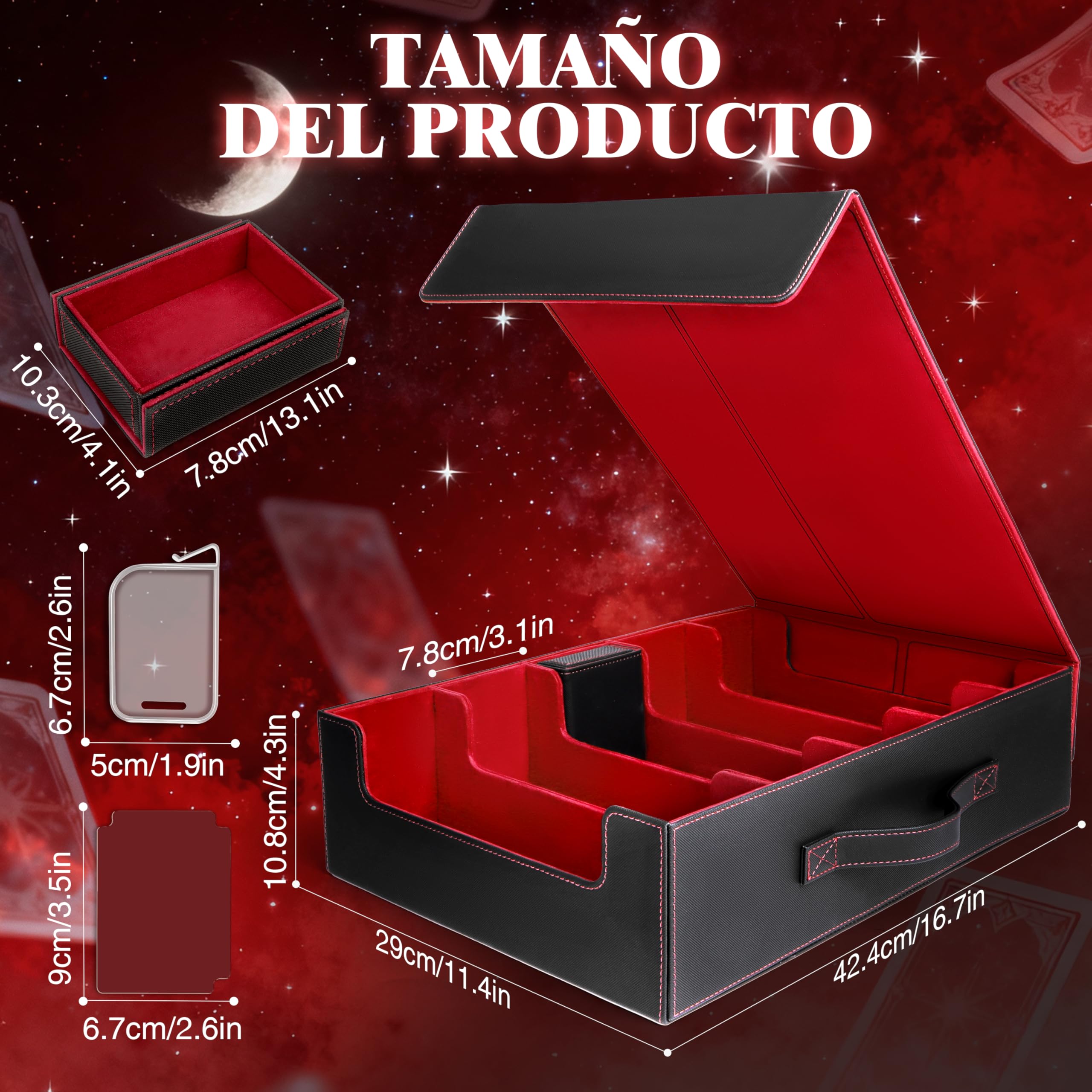Charmofun Caja Cartas Magic para 2400+ Cards, Deck Box con 10 Divisores de Colores,1 Bandeja, 4 Clips De Cierre, Fundas Cartas, Cajas de Cubierta Magnéticas Premium (Rojo, 3000+)