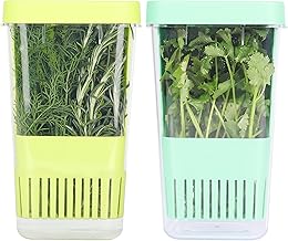 LAWNFUL 2 Pack Fresh Herb Keeper for Refrigerator, Clear Herb Saver, Storage Container for Cilantro, Parsley, Thyme, Mint & Asparagus, Preserver Keeps Fresh Herbs for 3 Times Longer, Green & Blue