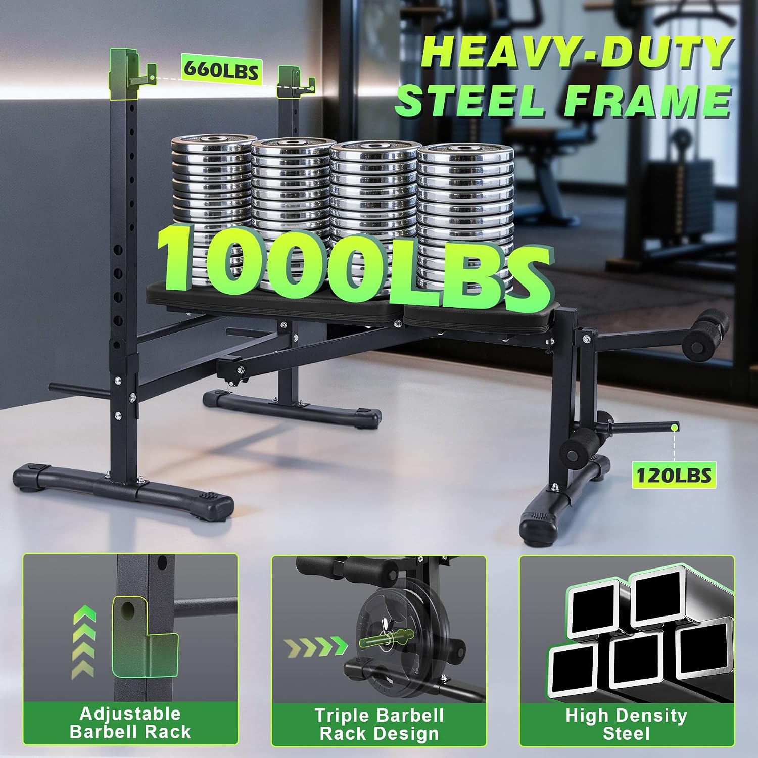 Weight Bench Set with Leg Extension/Curl, 1000LBS Folding & Adjustable Workout Bench Set with 8-Level Barbell Rack, Fasting Foldable Flat Bench Press Set for Home Gym Full Body