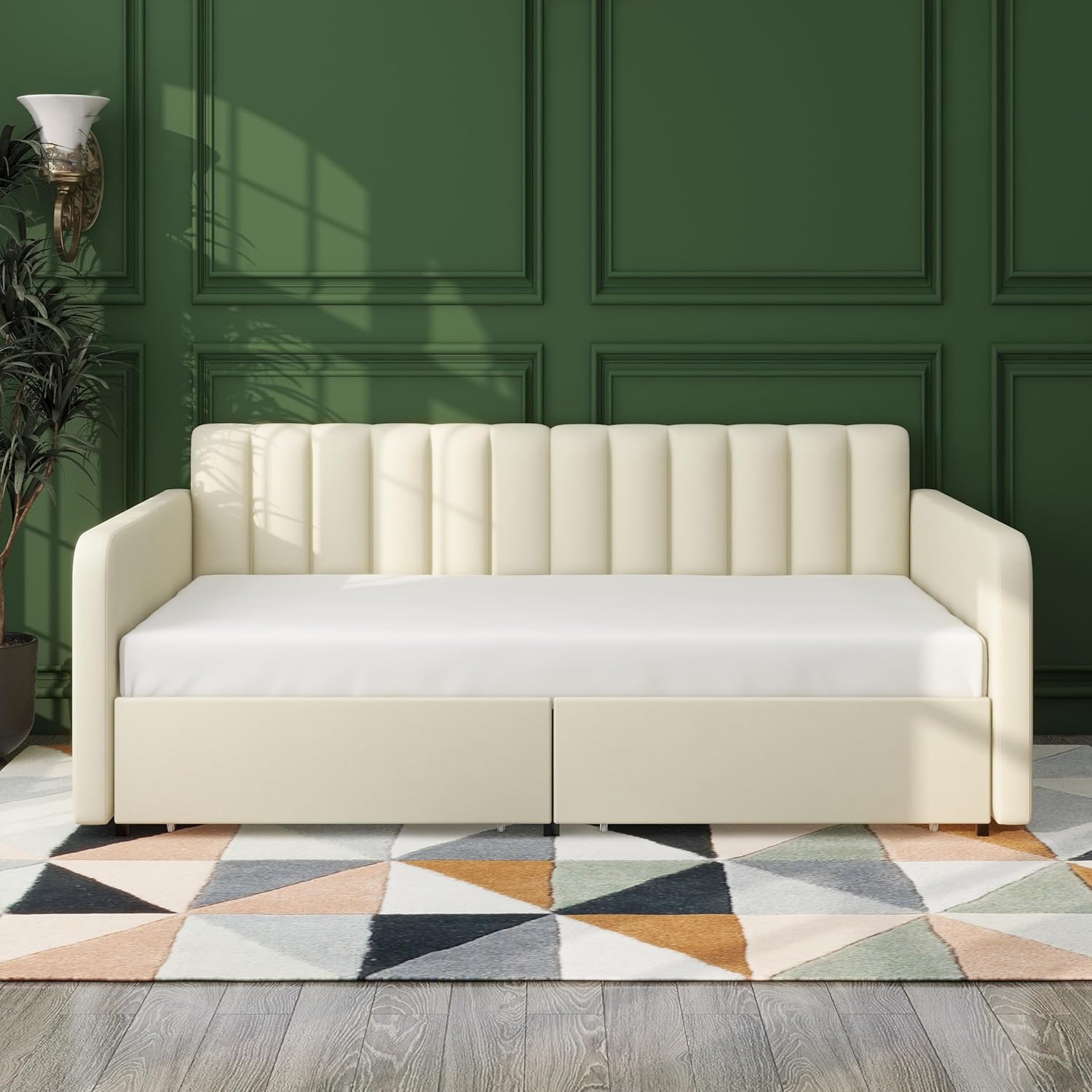 Dolonm Twin Size Velvet Upholstered Daybed with 2 Drawers, Twin Sofa Bed Frame with Wood Slat Support, No Box Spring Needed, Ivory Velvet