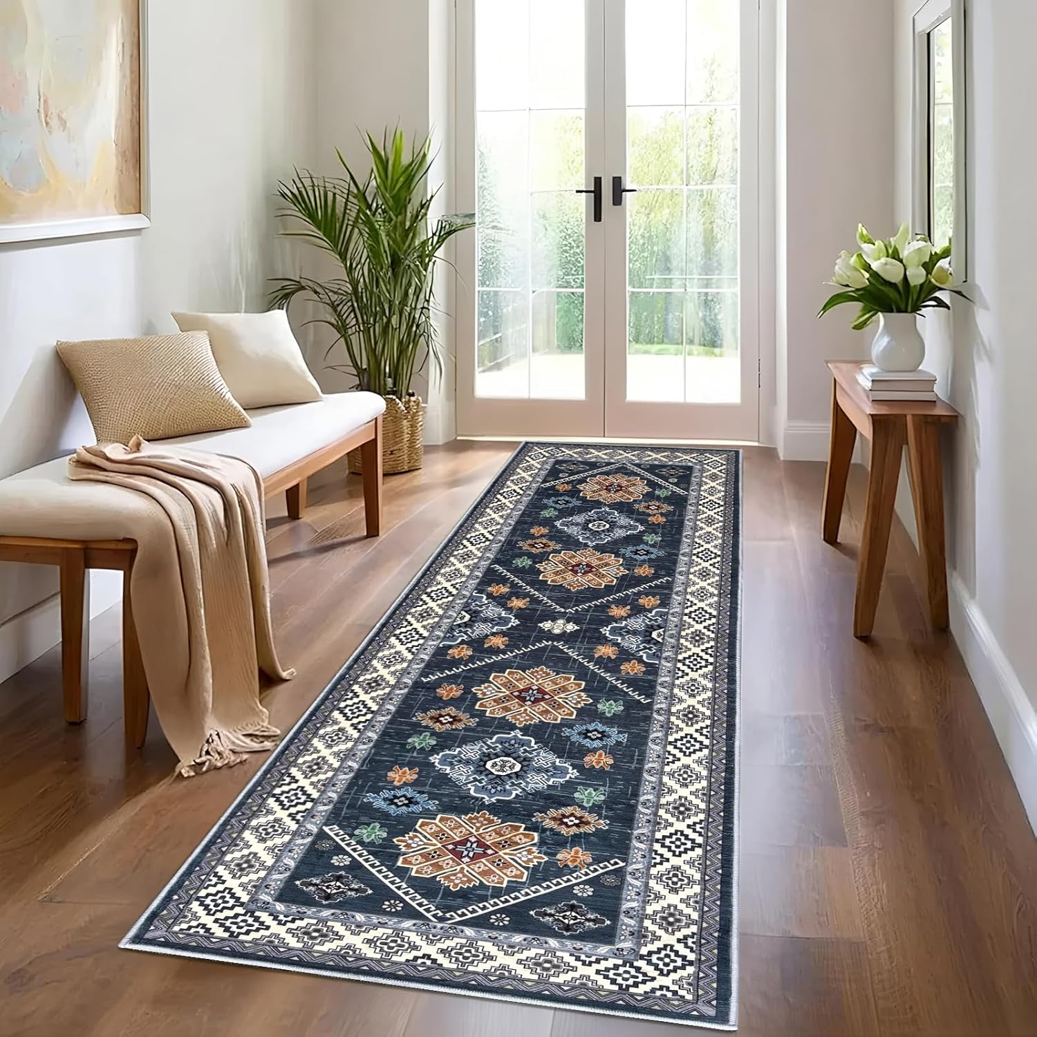 Boho Runner Rug 20x60, Non-Slip Kitchen Runner Rug Washable Faux Wool Stain-Resistant Hallway Runner Rugs, Vintage Low-Pile Blue Non-Skid Carpet for Entryway, Bathroom, Hallway Mats for Floor