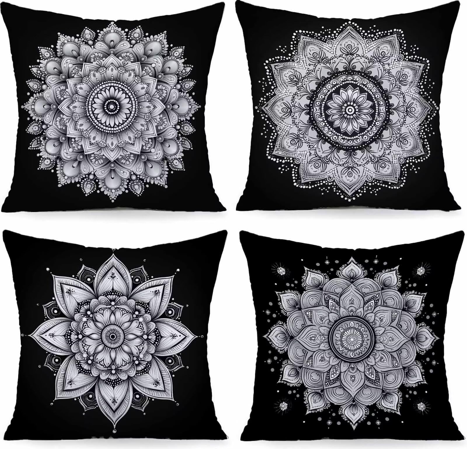 Coussin canapé fleur lot de 4 en lin noir 50x50 cm étanche pour jardin PjY2189