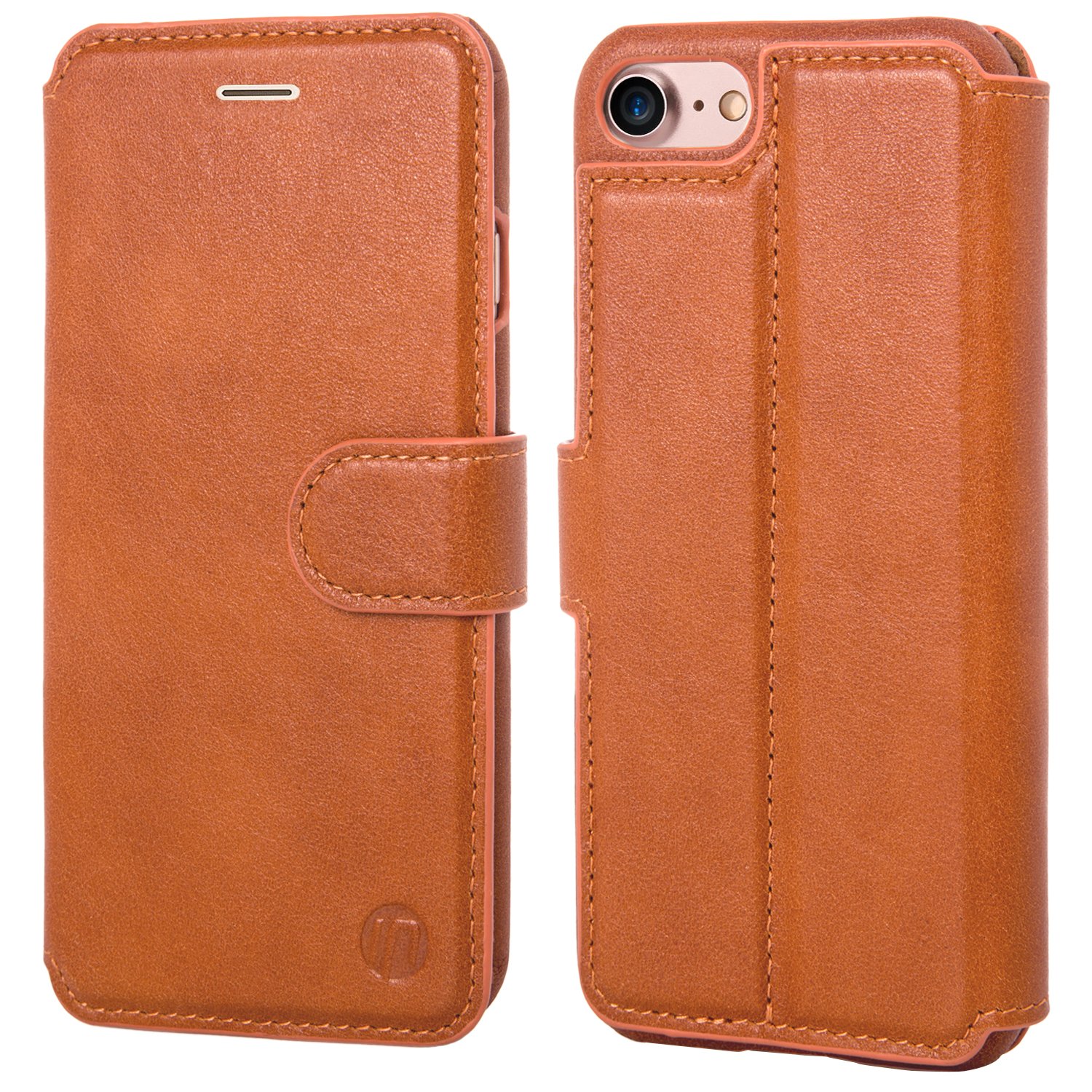 iPhone 7 Case Genuine Leather Wallet Case Premium (9H Tempered Glass Screen Protector) Magnetic Closure Protective Stand Flip Cover Case for Apple iPhone 7 - Brown