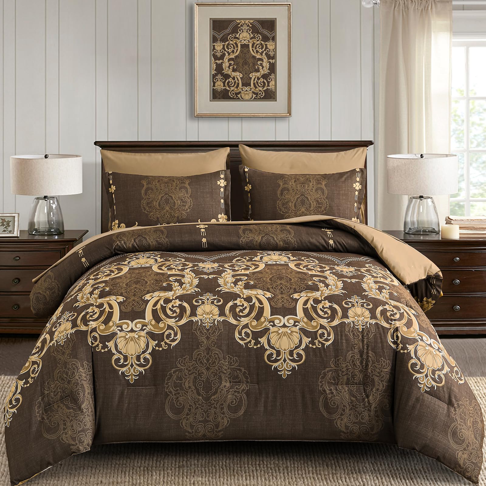 Mybedsoul Coffee Comforter Set King Size, 7 Pieces Damask