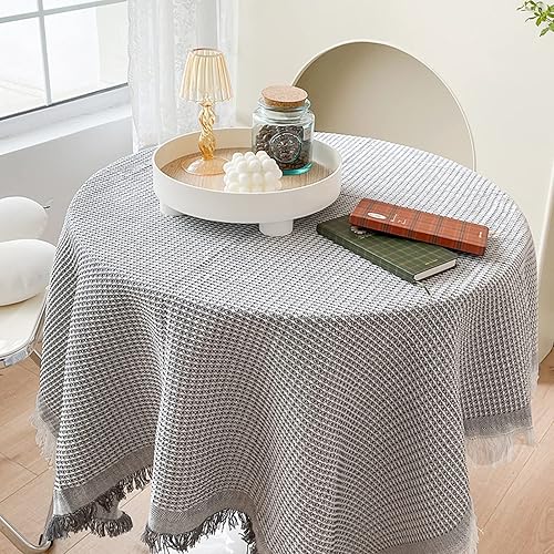 Miniatura 1 de NM&DMY Tassel Tablecloth Cotton Linen Weave Table Cover Premium Japanese Table Cloth Indoor Outdoor Tabletop Decor Dust-Proof Table Linens-Grey
