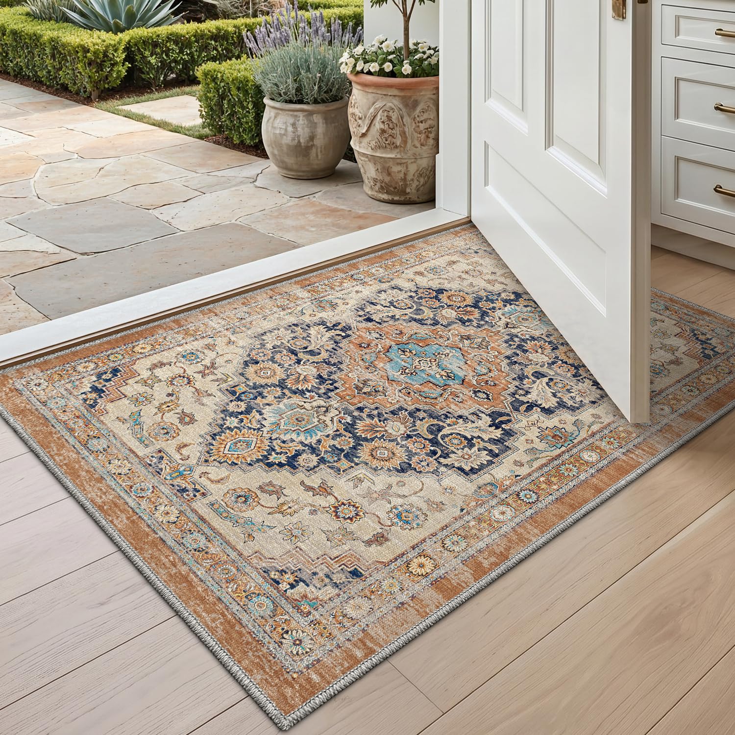 DEXI Indoor Door Mat 60 x 90 cm, Non-Slip Washable Entryway Floor Mats, Absorbent Thin Vintage Carpet Runner Rugs for Kitchen, Laundry, Bedside, Orange