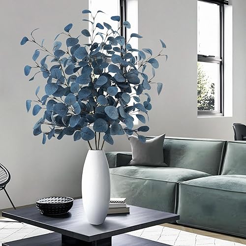 Miniatura 5 de 4 tallos de hojas artificiales de eucalipto de 33.8 pulgadas de largo, plantas de follaje falso, ramas verdes, arbustos para el hogar, chimenea