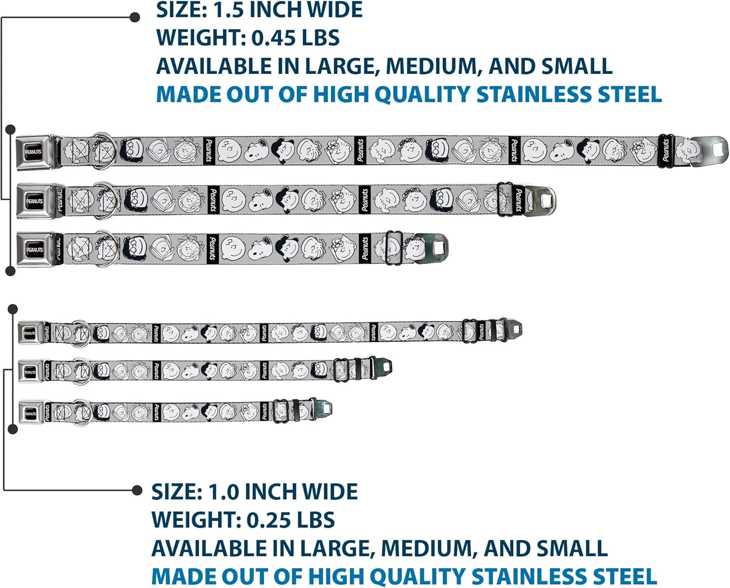 Peanuts Worldwide LLC Pet Collar, Dog Collar Metal Seatbelt Buckle, Peanuts Gang Expressions Gray Black White, 15 to 24 Inches 1.0 Inch Wide