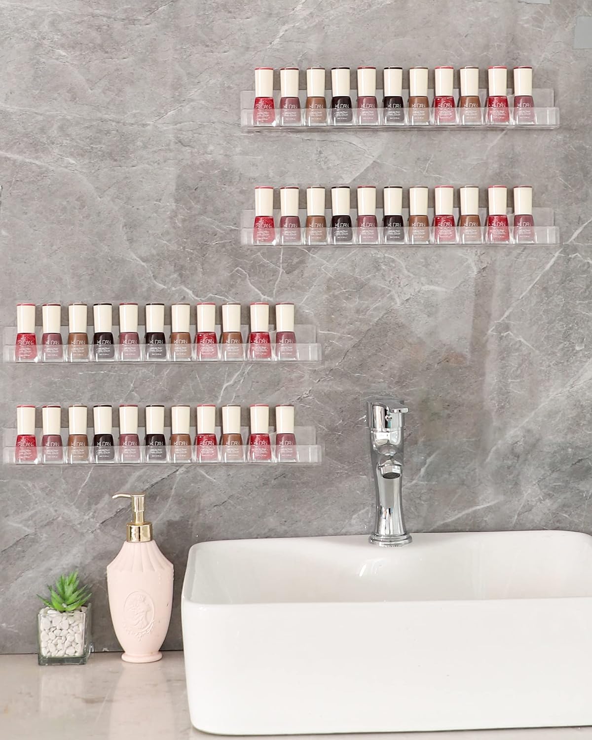 LikeU Nail Polish Rack Wall Mounted Shelf 2 Pack,Clear Acrylic Nail Polish Holder Organizer with Removable Anti-Slip End Inserts,2 Tiers Floating Polish Organizer Display 30 Bottles image 5
