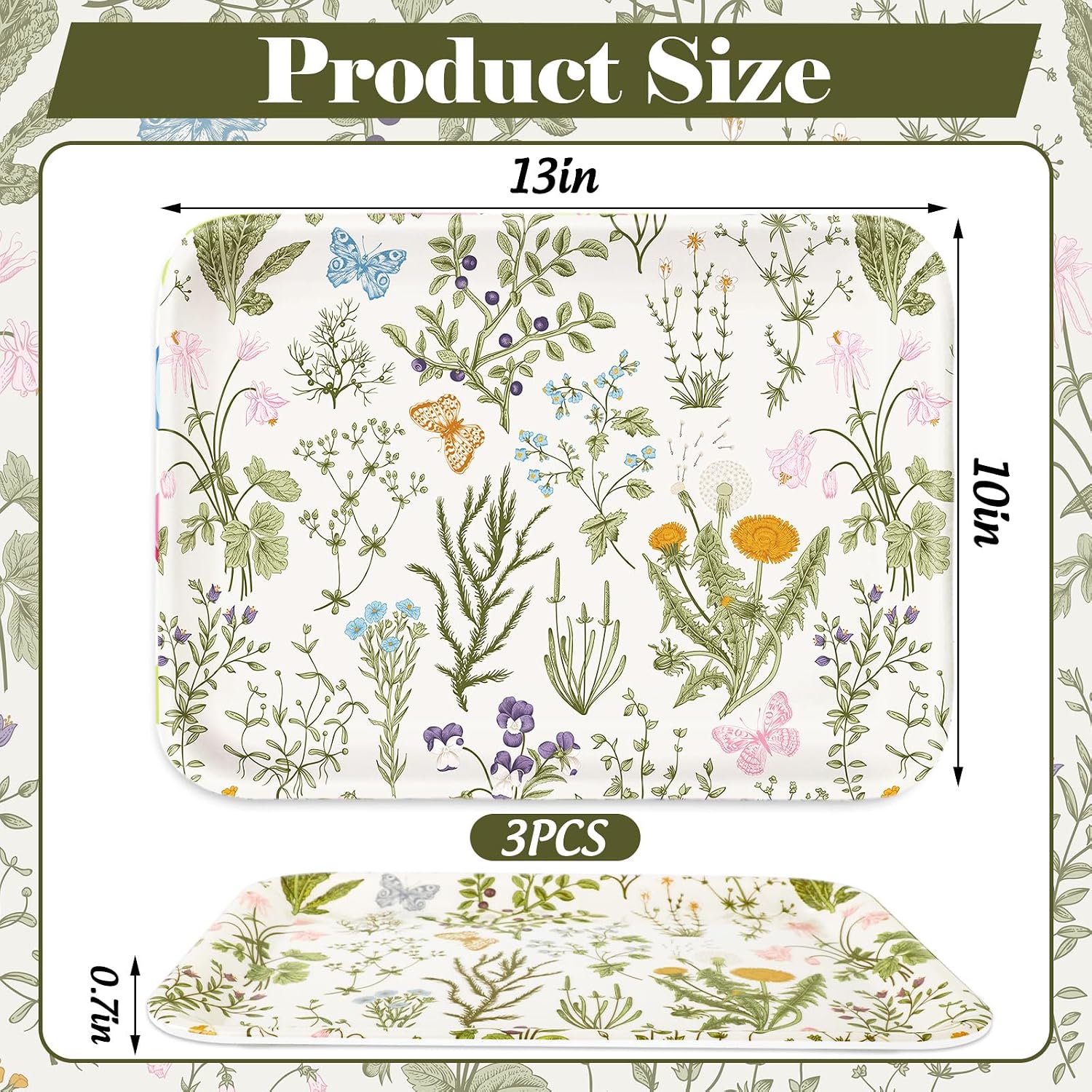 FYSUIMU 3 Pcs Wildflower Serving Trays Melamine Platter Vintage Spring Floral Serving Dishes Charcuterie Board for Party Sharing Snack Fruit Dessert Supplies, 10 x 13 In