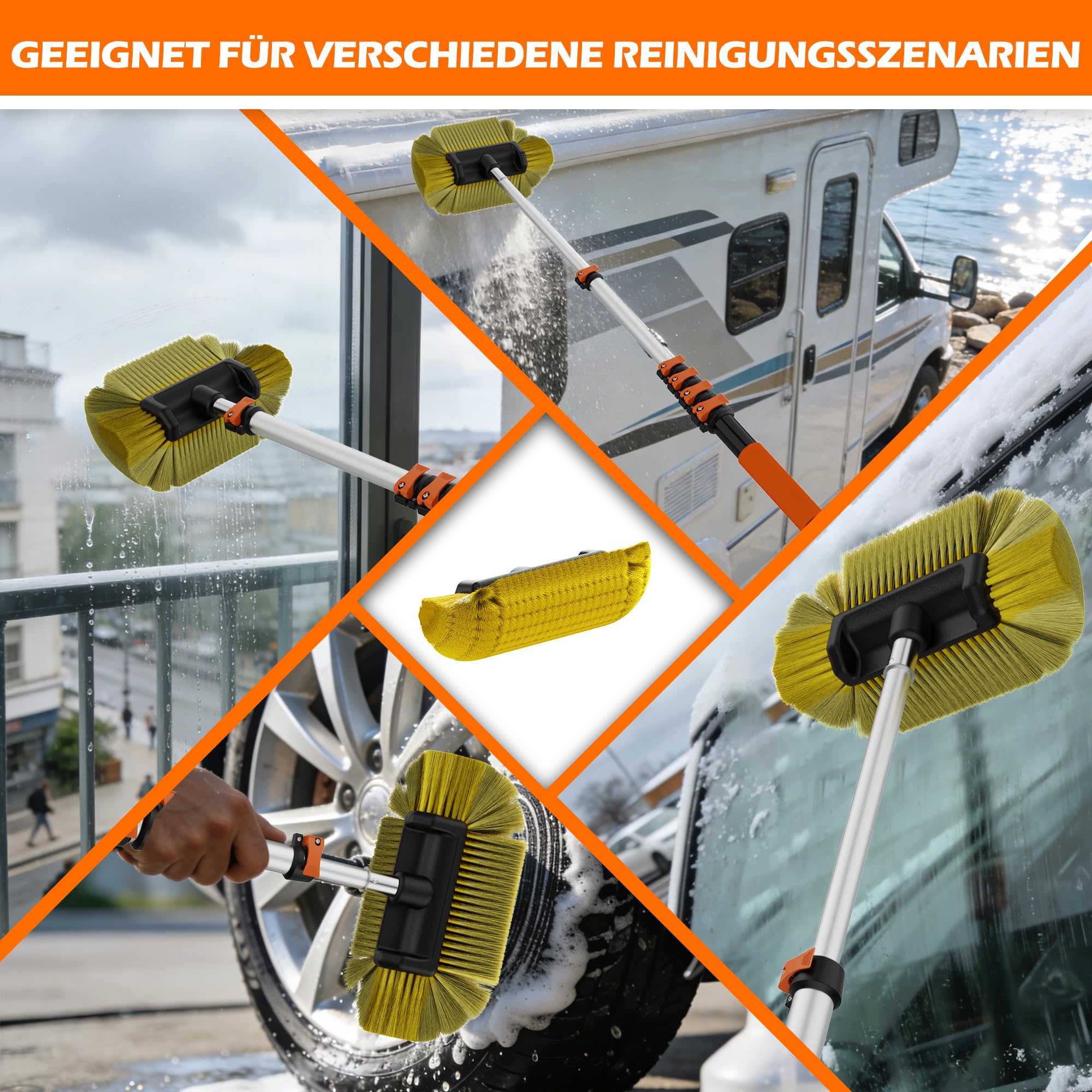 Autowaschbürste mit langem 4,3 m Teleskopstab, 30,6 cm weiche Borsten, für Auto, Wohnmobil, LKW, Boot & Solarpaneele, Orange
