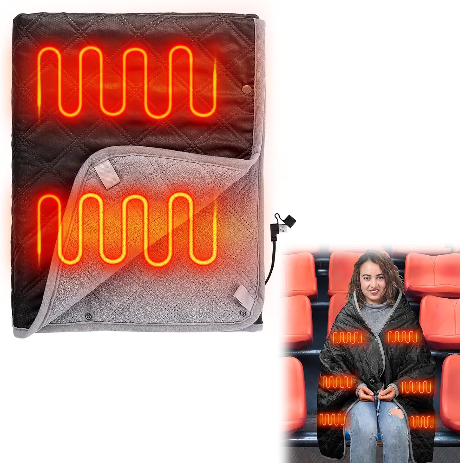 Apipi Portable Heated Blanket - Type-C & USB for Outdoor Stadium Camping Travel Home, Windproof Waterproof Washable Warmer, 3 Heat Levels 6 Heating Zones for Women Gift, Black