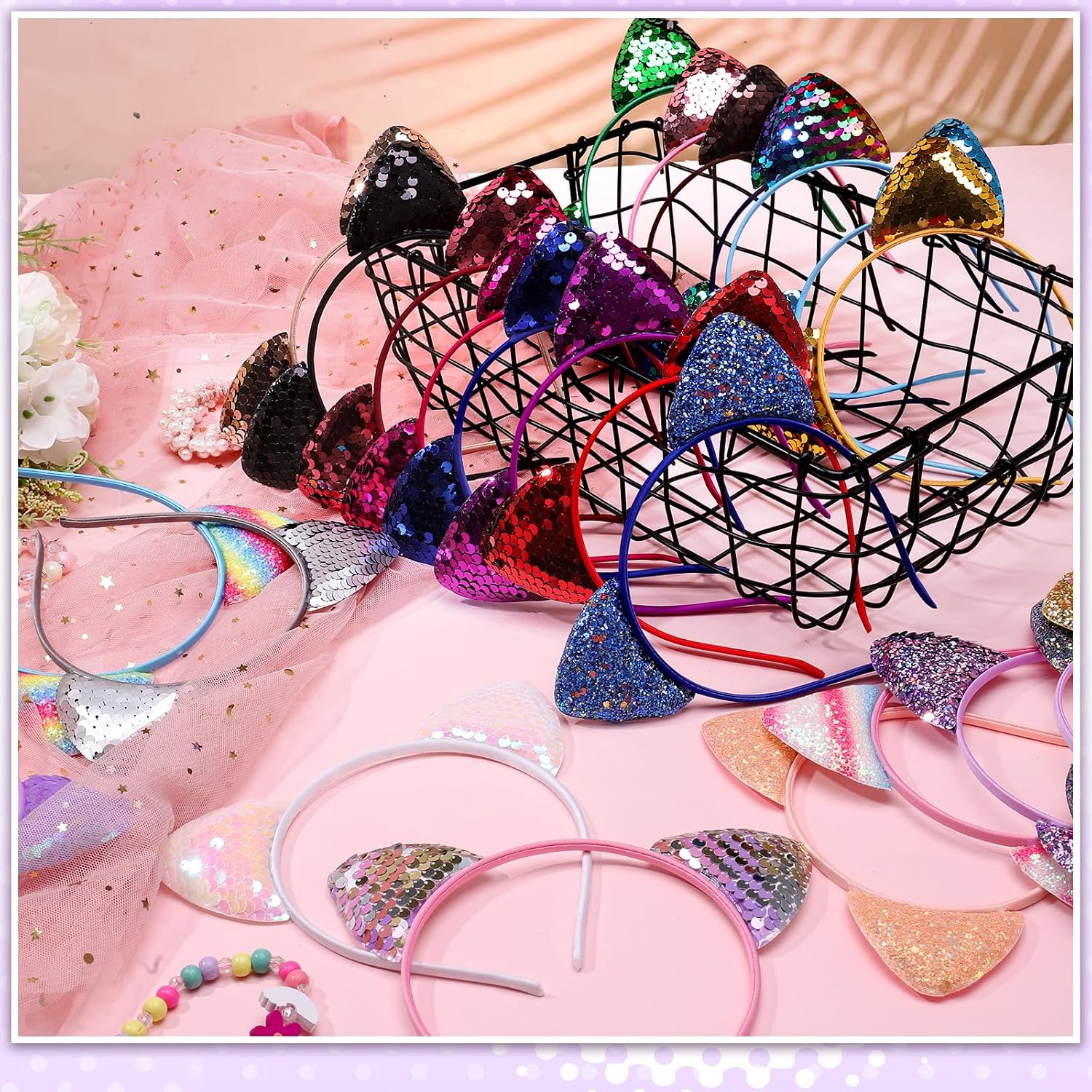 Sequin Glitter Kitty Headbands - 50 Pcs Girls and Adult Shiny Hair Accessories with Cat Ears for Birthday Decoration, 25 Colors