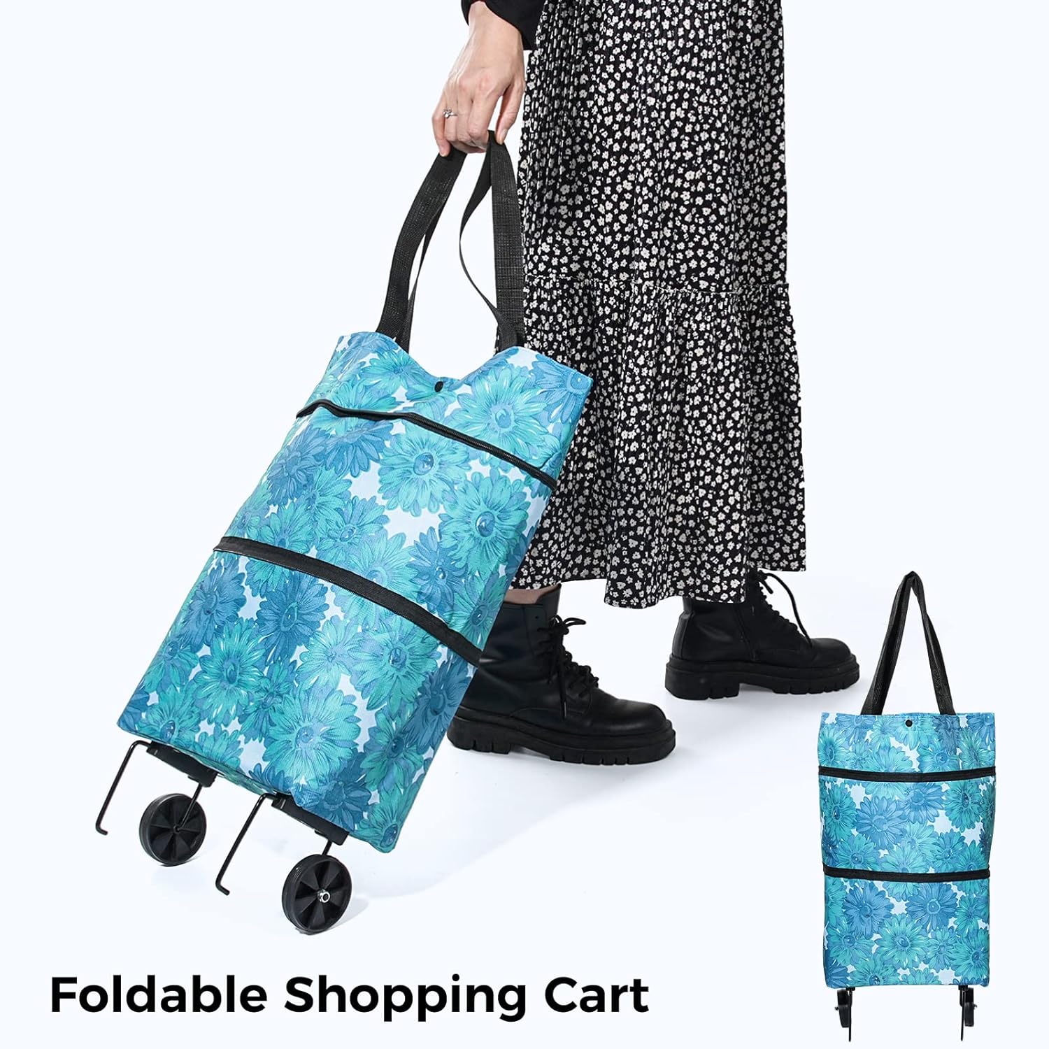 Foldable Shopping Bag with Wheels Collapsible Trolley Bag on Wheels