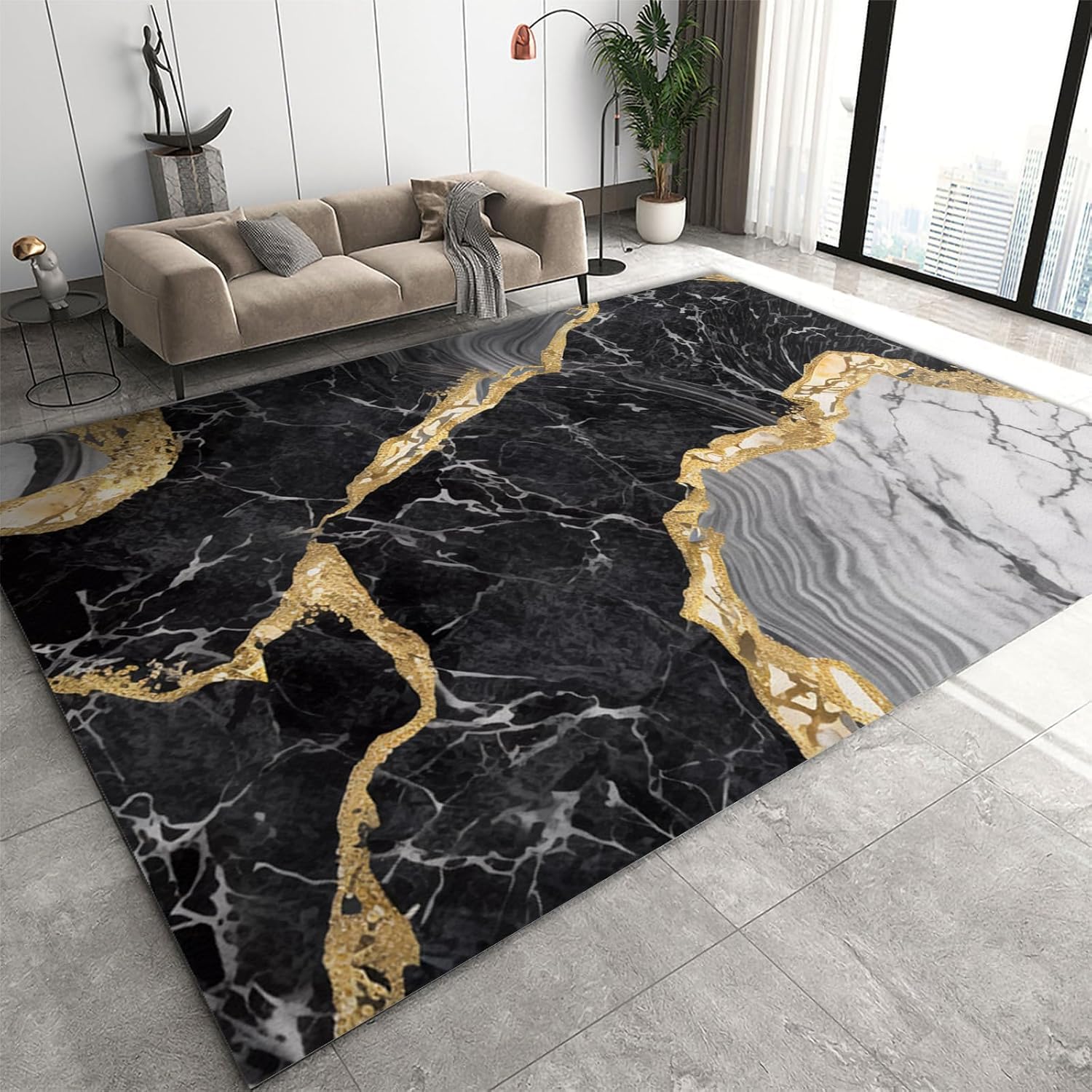 Tapis de salon moderne en flanelle marbre abstrait grand format 120 x 160 cm