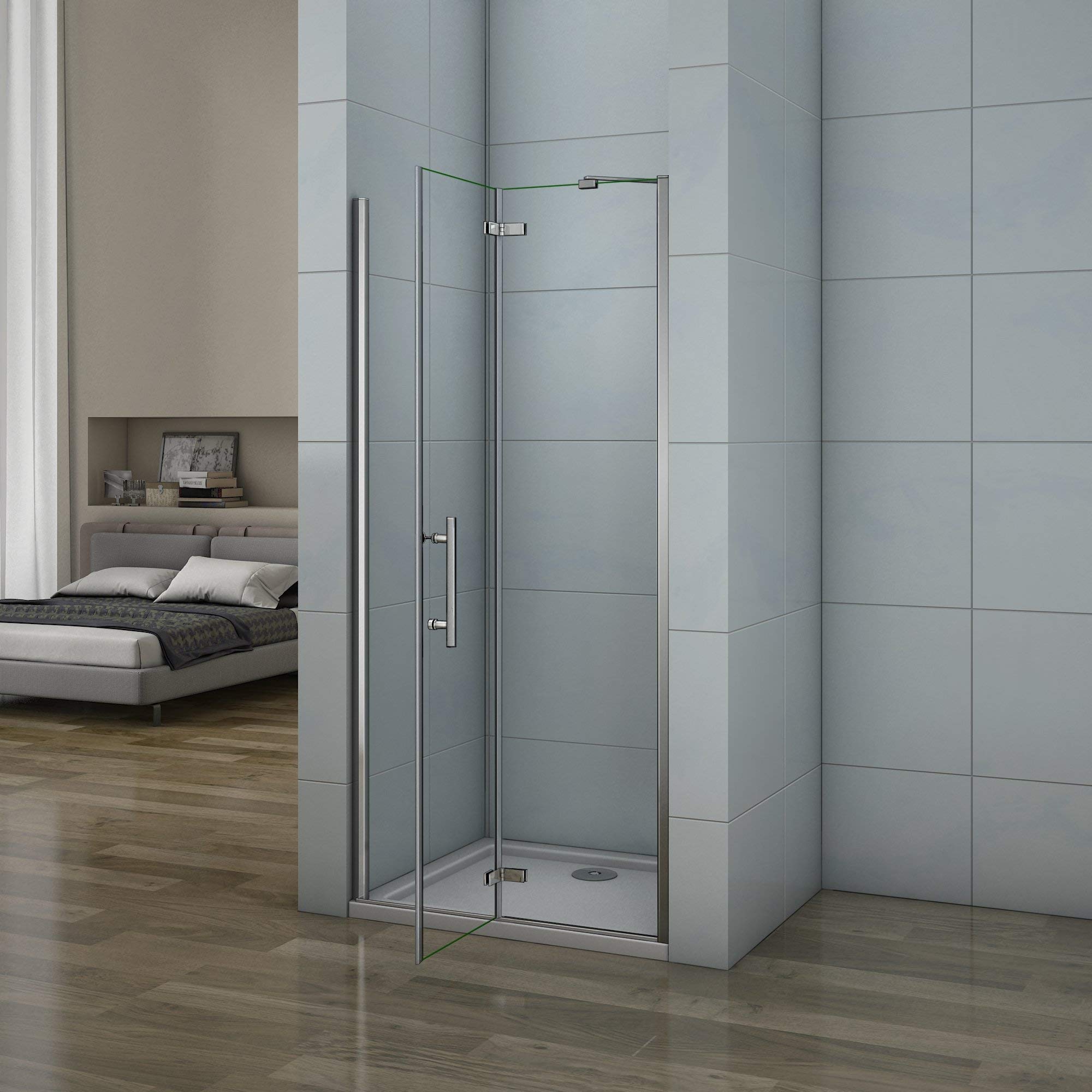 195cm Porta Doccia per Nicchia Apertura Battente Con Barra Stabilizzatrice Vetro 6mm Temperato Trasparente Anticalcare Larga 80cm
