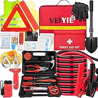 VEIYIE 119-in-1 Roadside Car Emergency Kit: Winter Safety with 10FT Jumper Cables, Tow Strap, Folding Shovel, Safety Hammer for New Drivers & Teens