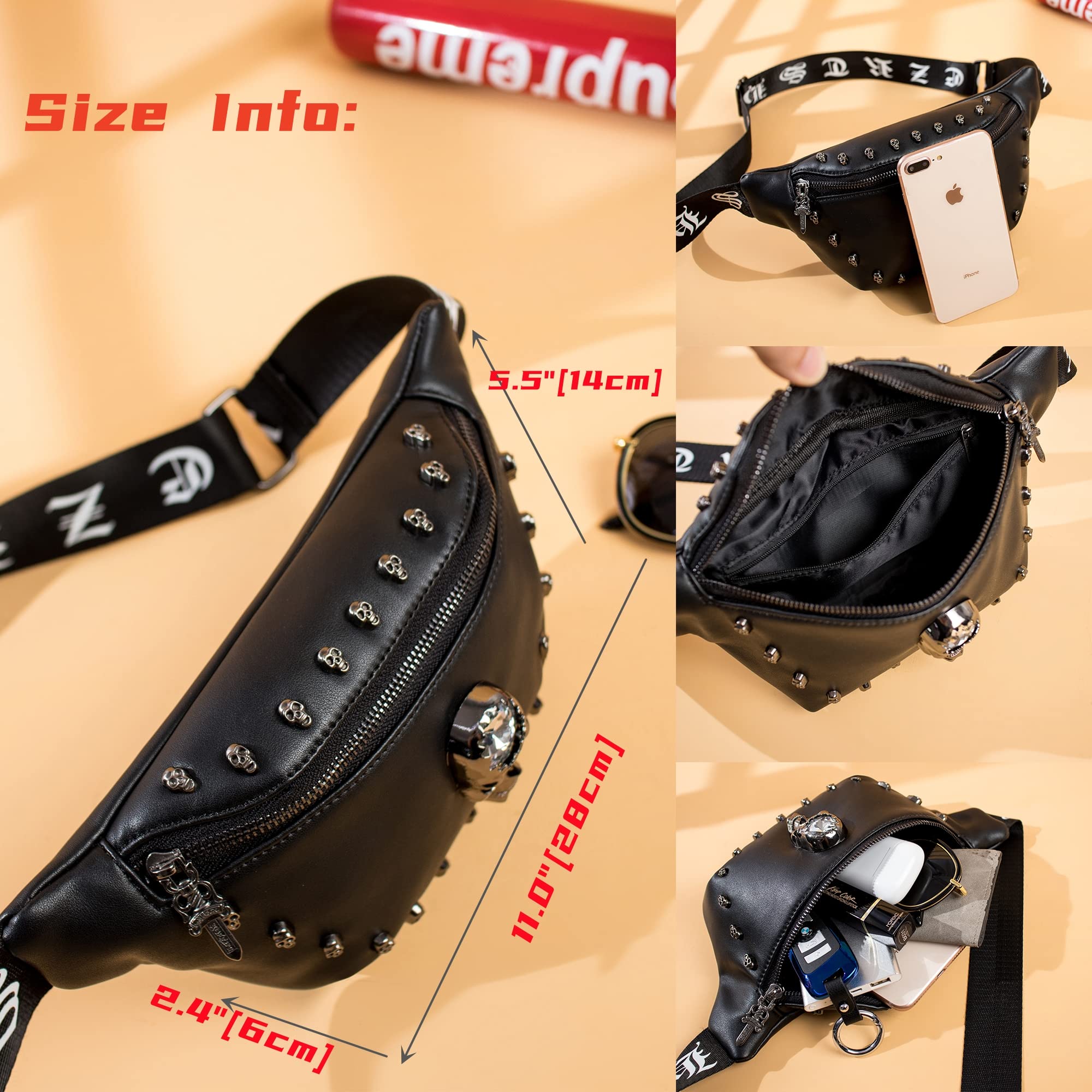 Riñoneras de cuero para mujer, riñonera de cuero a la moda, cangurera negra con diseño de calavera para mujer, bolsa cruzada para cinturón para vacaciones, festivales, viajes, correr, senderismo, 6