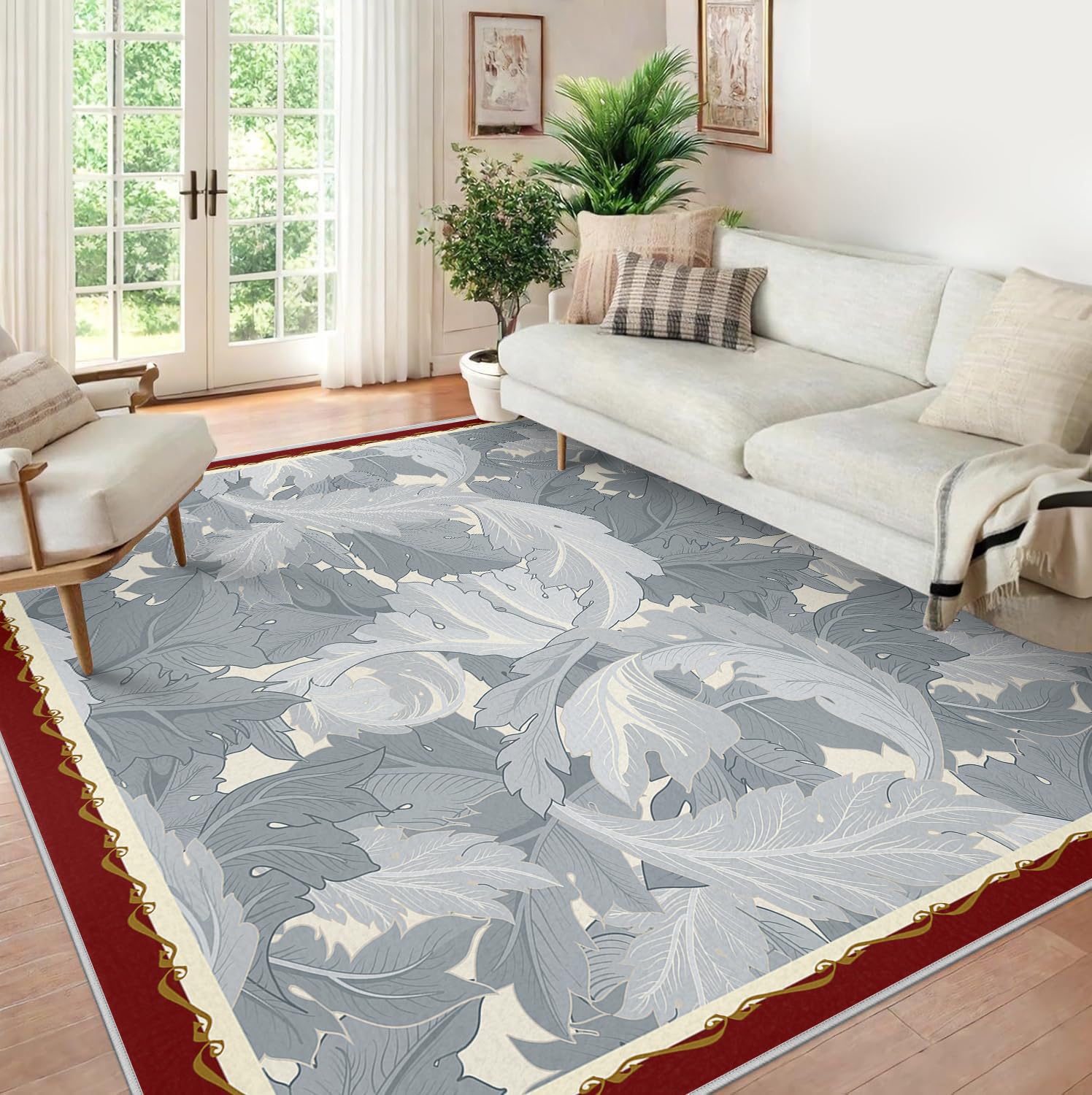 Dywaniki 80 x 150 cm, ultracienki, zmywalny, odporny na plamy, antypoślizgowy spód dywaniki do salonu, sypialni, liście akantu, nadruk, niski runo, szary dywanik do sypialni, pokoju zabaw, kuchni