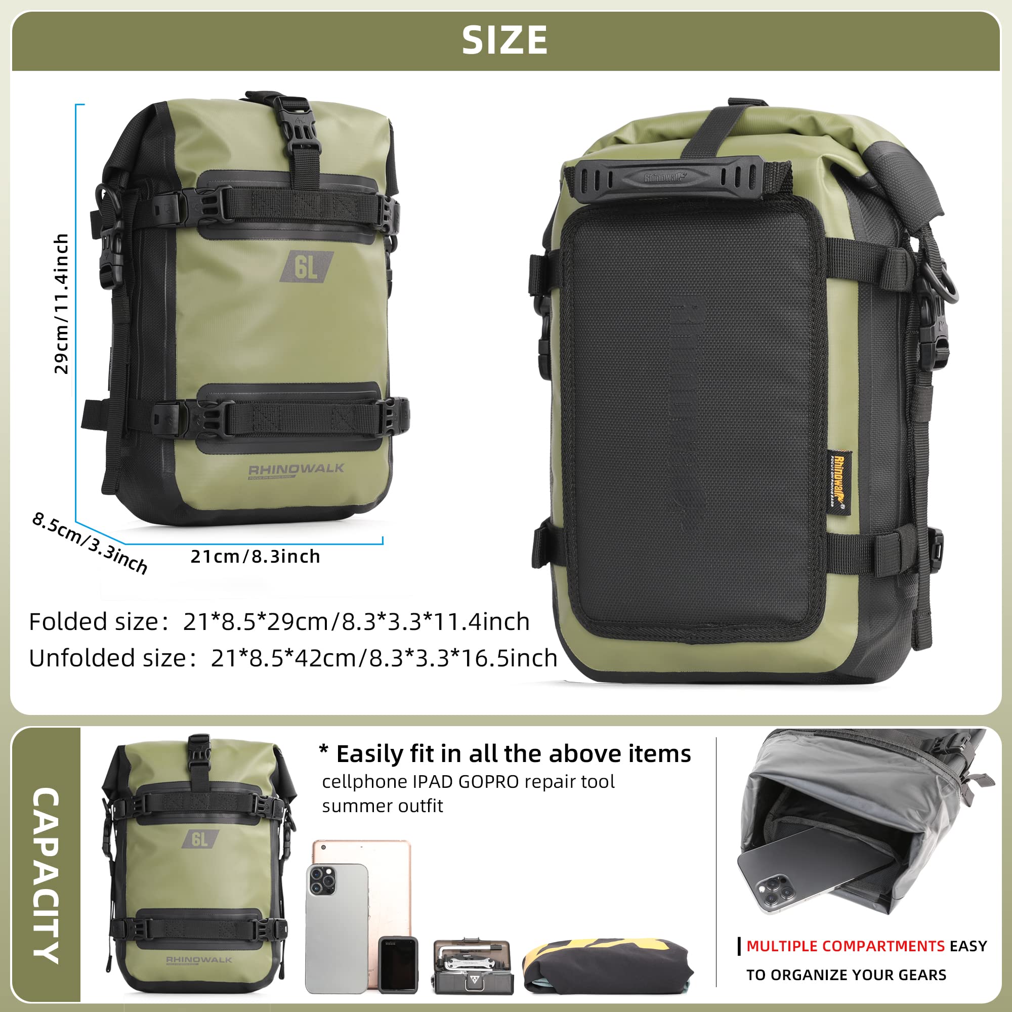 Amazon | Rhinowalk オートバイクラッシュバーバッグ 防水 6L