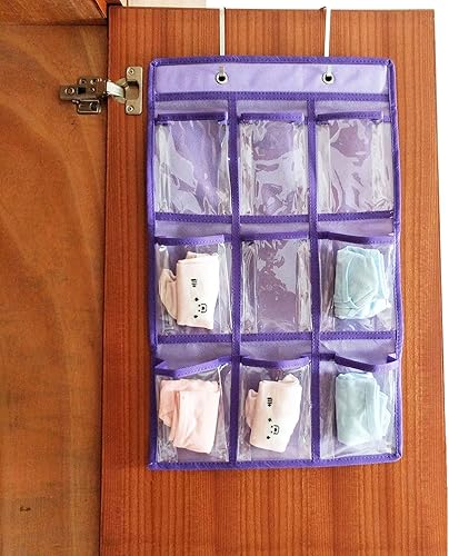 Miniatura 2 de Ropa interior colgante para armario, almacenamiento de calcetines sobre la puerta, organizador de joyas transparentes (púrpura, paquete de 12 y 9