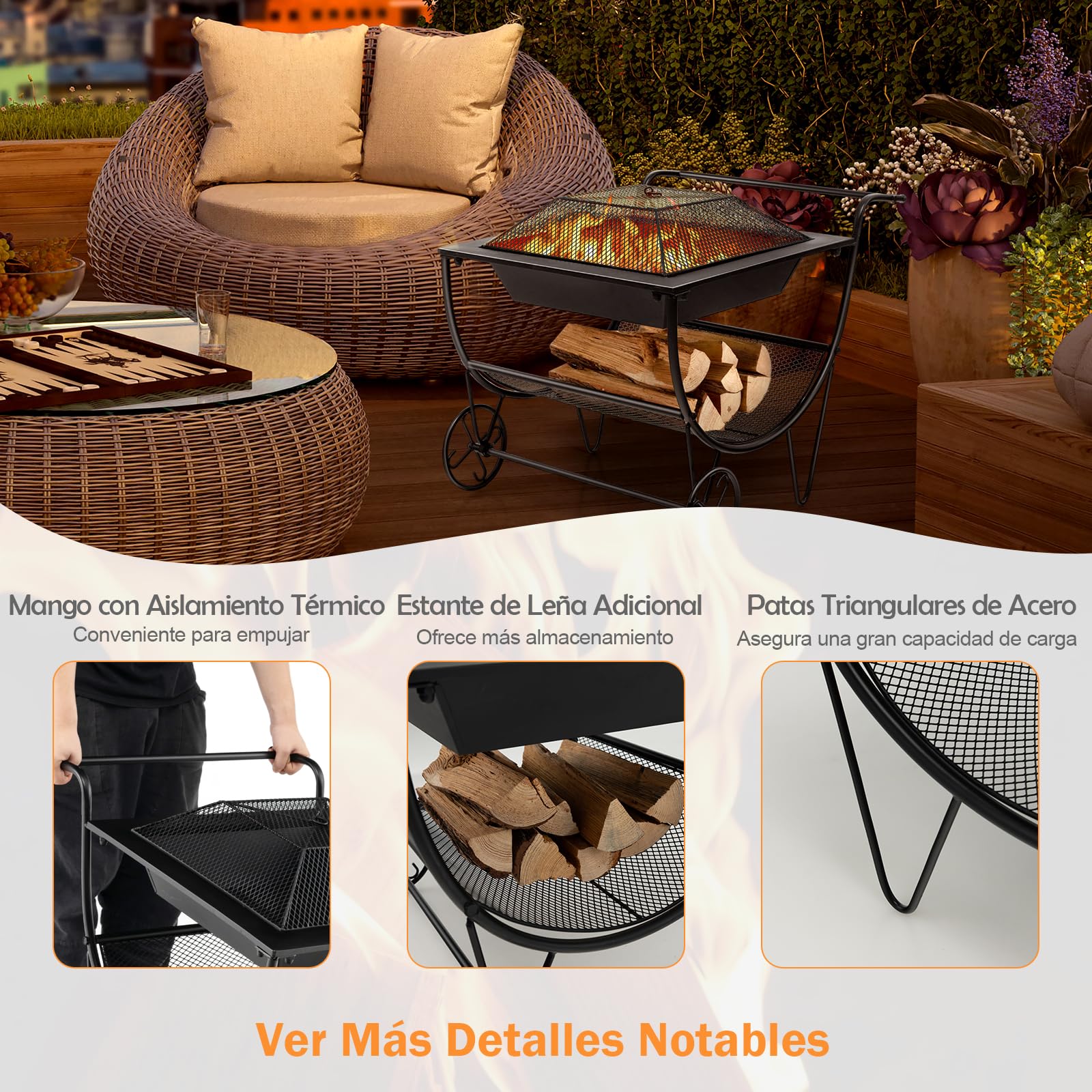 GYMAX Chimenea con Ruedas, Estufa de Leña para Terraza con Estante de Almacenamiento, Bandeja de Fuego, Brasero Exterior Jardin Portátil para Leña para Hogueras, Camping y Picnic, Negro