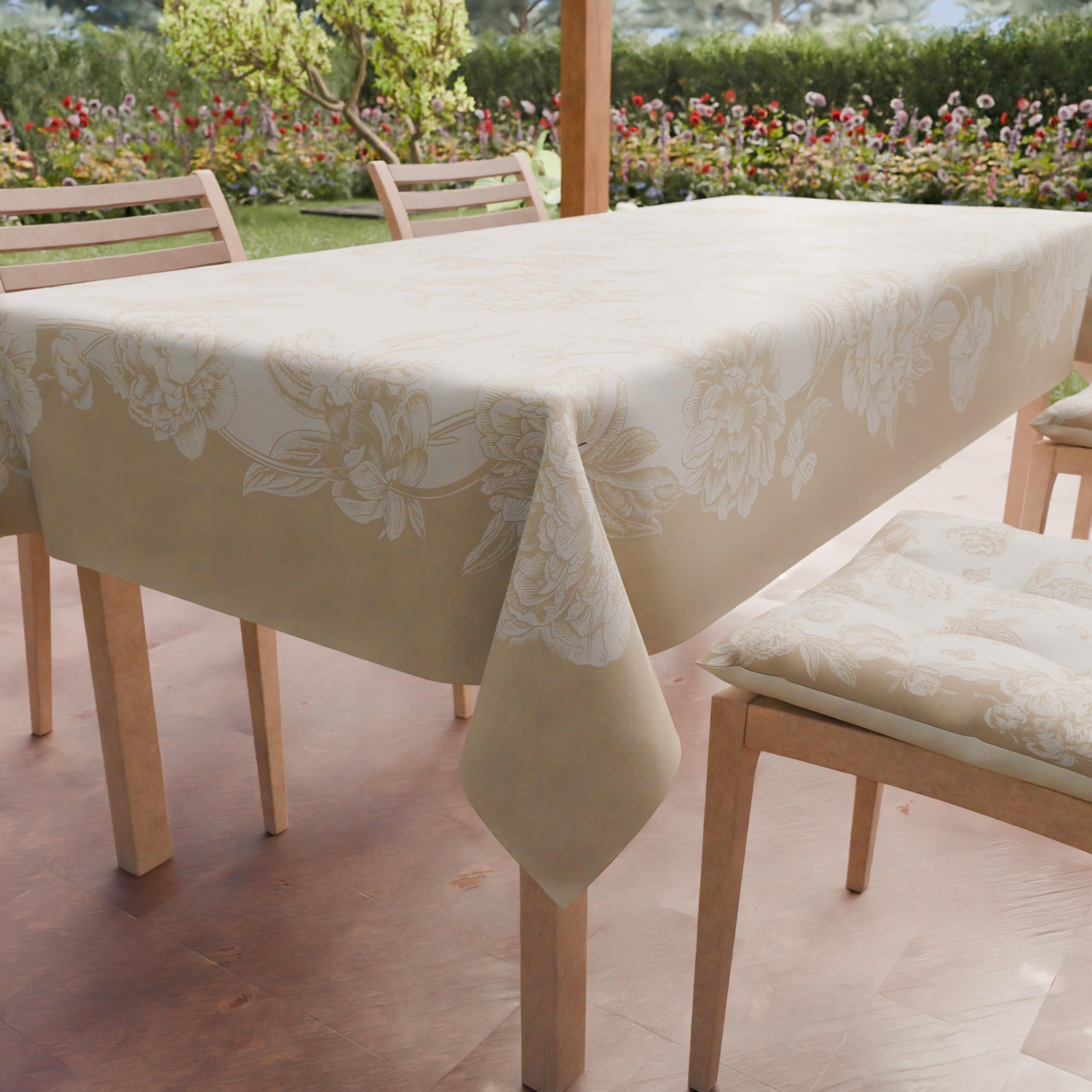 PETTI Artigiani Italiani - Stain Resistant Square Tablecloth, Kitchen Table Cover Peonies Design Beige X4 Seater (140 x 140 cm)