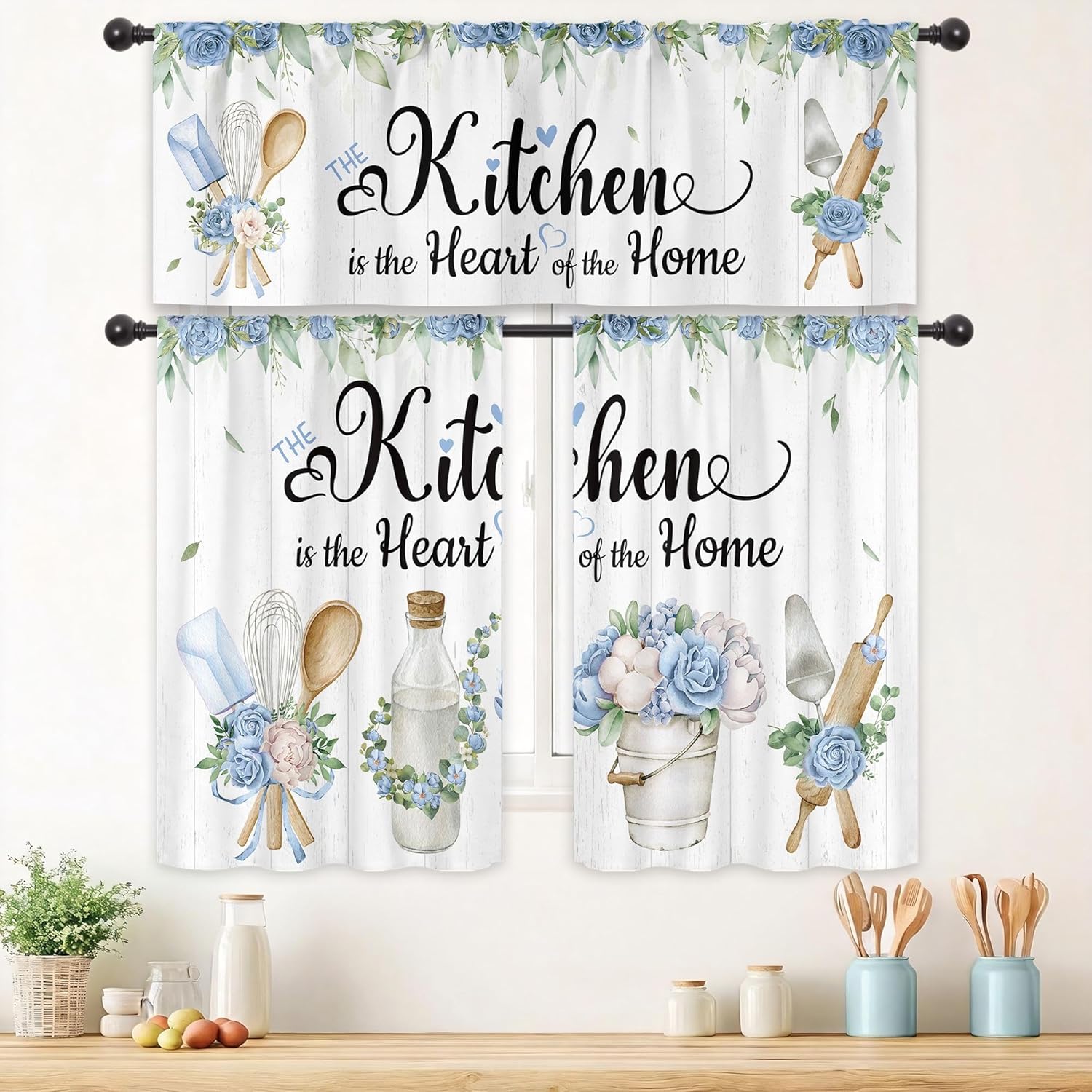 Cinbloo Blue Floral Roses Kitchen Curtains and Valances 3 Piece Set Rod Pocket Rustic Farmhouse Botanical Kitchenware Wooden Art Printed Country Living Room Bedroom Window Drapes Treatment 3 Panels