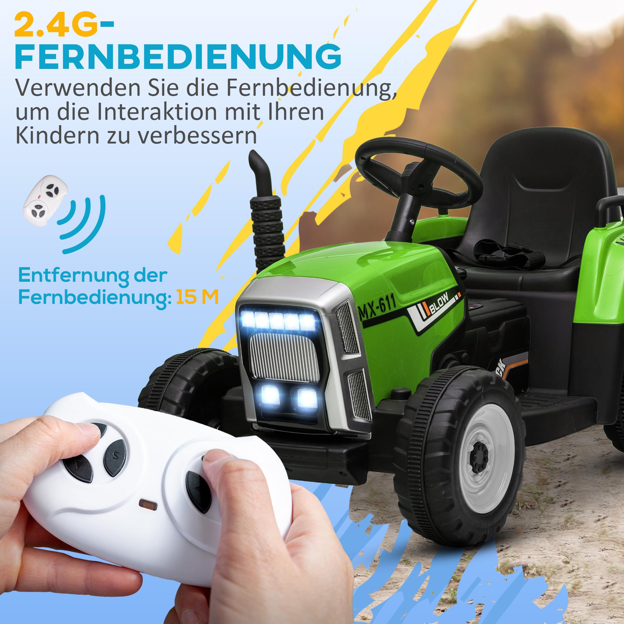 HOMCOM Elektrischer Traktor mit Anhänger 2,4G Fernbedienung 3-6KM/H Grün | Kinder Aufsitztraktor, Kinder Elektroauto mit MP3 Funktion, Kinderfahrzeug mit Scheinwerfer, für 3-6 Jahre