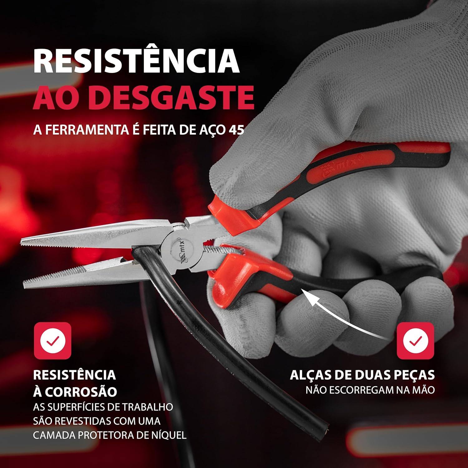 Imagem frontal do produto com fundo escuro e iluminação vermelha.
